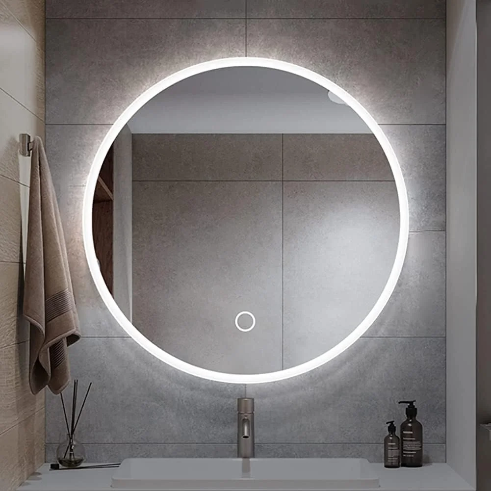 آینه حمام LED با نور پس زمینه، ضد بخار، آینه روشویی دیواری، آینه گرد بدون قاب (رنگ: نور سفید + دکمه لمسی، اندازه: 50x50 سانتی متر)