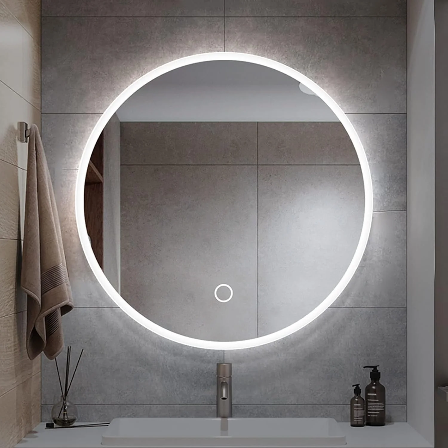 آینه حمام LED با نور پس زمینه، ضد بخار، آینه روشویی دیواری، آینه گرد بدون قاب (رنگ: نور سفید + دکمه لمسی، اندازه: 50x50 سانتی متر)