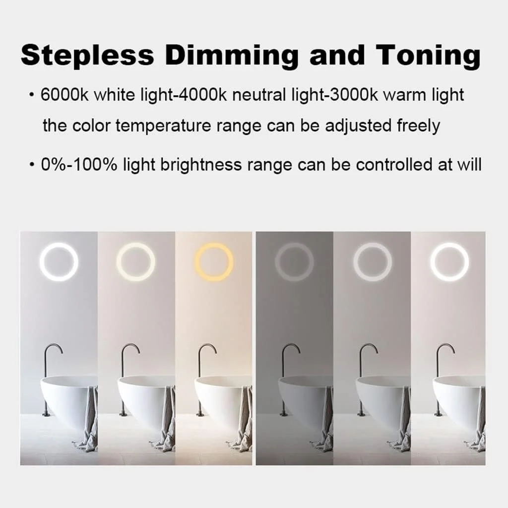 آینه آرایشی دیواری حمام با نور پس زمینه LED، دارای کلید لمسی، 3 رنگ نور قابل تنظیم، ضد بخار، قاب فلزی (رنگ: قاب طلایی گرد، اندازه: 700 میلی متر) (قاب طلایی گرد)