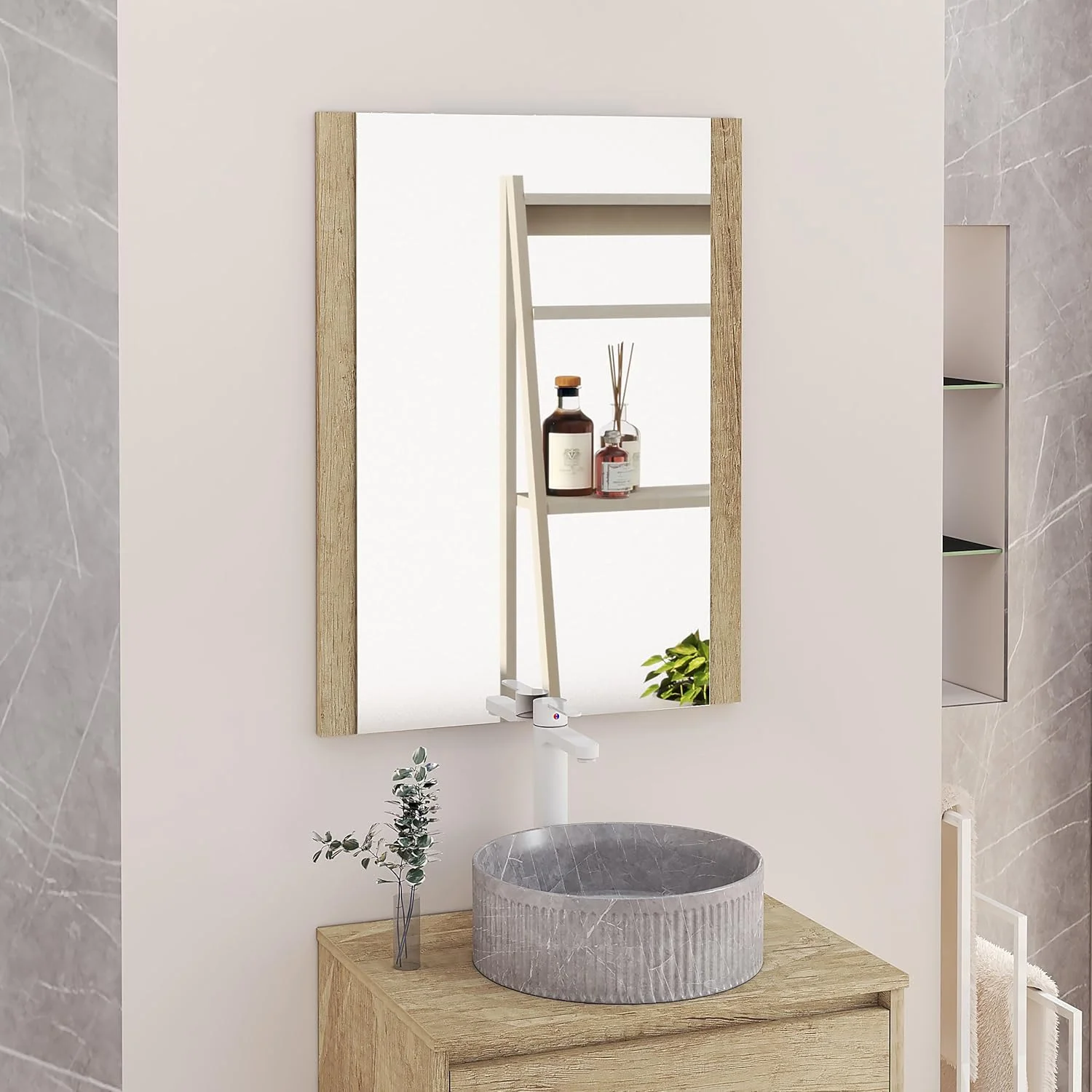 آینه حمام چوبی بایکال با گزینه های LED یا بدون LED - سبک هایی که در حمام یا هر اتاق دیگری جای می گیرند. 70 x 80 سانتی متر دیوار کناری چوب طبیعی