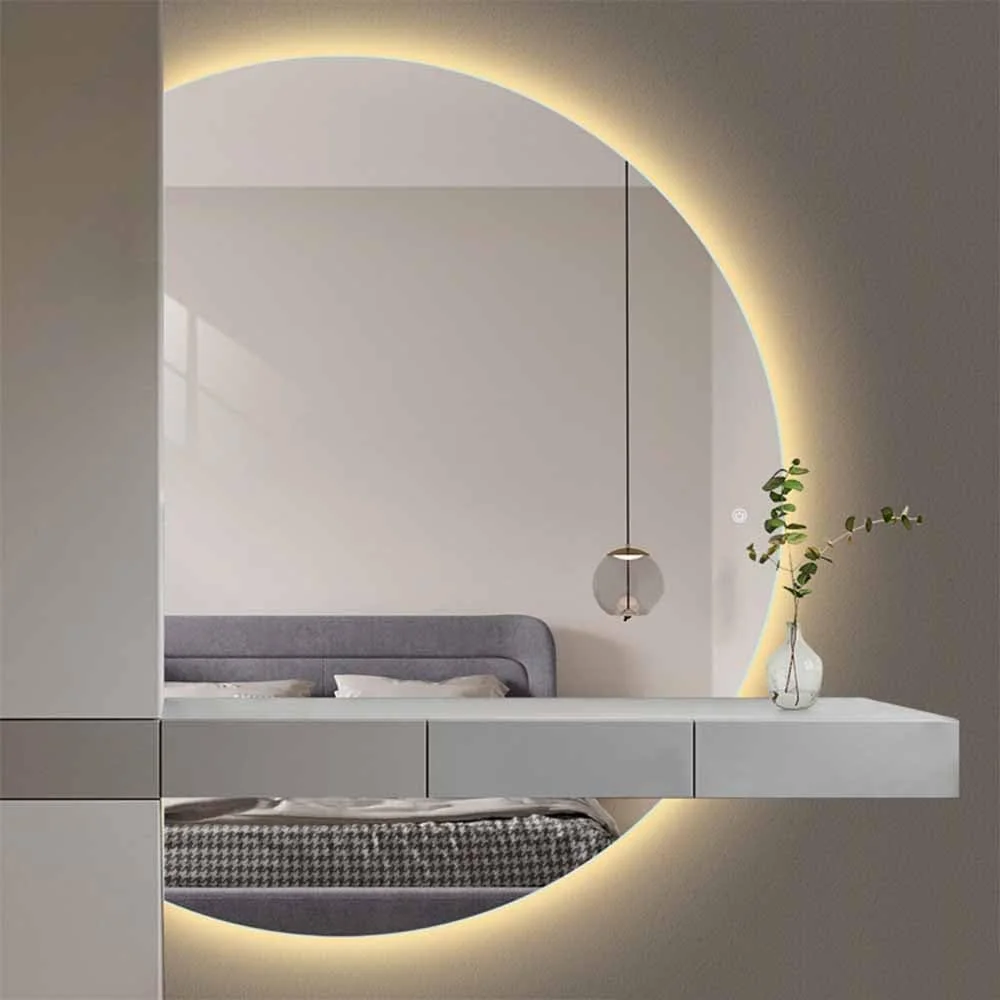 آینه LED نور پس‌زمینه برای ورودی - آینه دیواری تمام قد بدون قاب نیم‌دایره با کلید لمسی هوشمند، آینه ضد بخار حمام (برش چپ 84 * 120 سانتی‌متر)