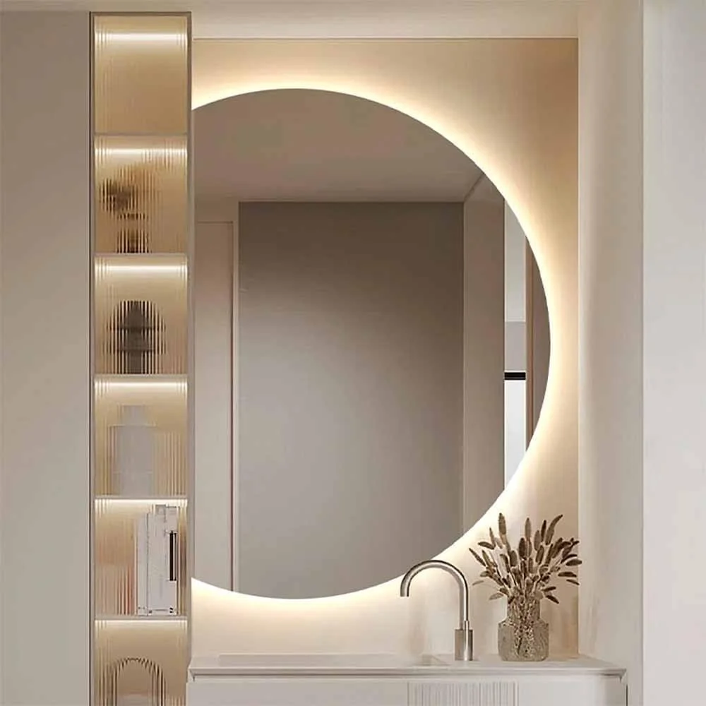 آینه LED نور پس‌زمینه برای ورودی - آینه دیواری تمام قد بدون قاب نیم‌دایره با کلید لمسی هوشمند، آینه ضد بخار حمام (برش چپ 84 * 120 سانتی‌متر)