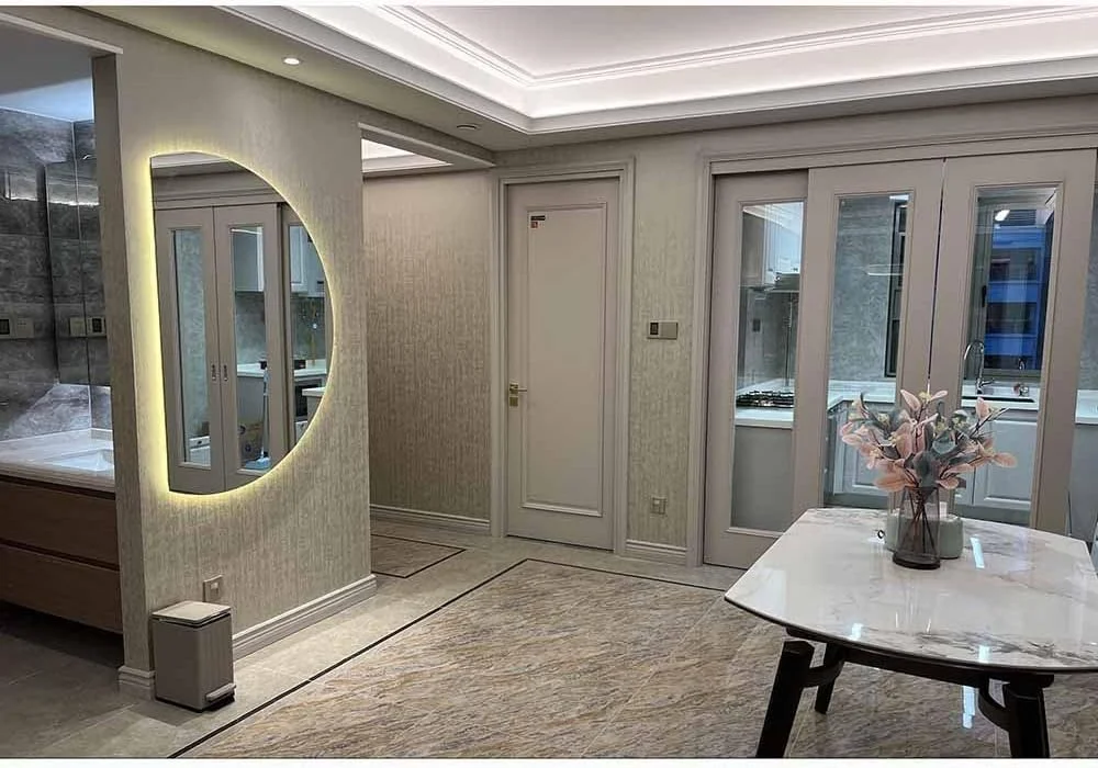 آینه LED نور پس‌زمینه برای ورودی - آینه دیواری تمام قد بدون قاب نیم‌دایره با کلید لمسی هوشمند، آینه ضد بخار حمام (برش چپ 84 * 120 سانتی‌متر)