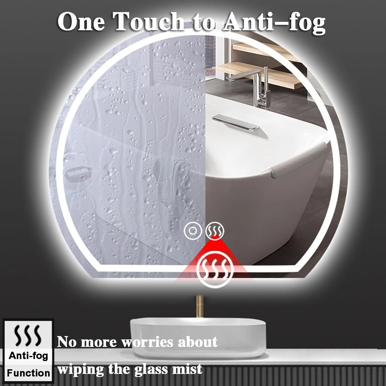 آینه حمام ال ای دی با نور پس زمینه 61 در 71 سانتی متر برای روشویی، آینه حمام ضد بخار با چراغ، دیمر دار، با کلید لمسی، آینه دیواری مدرن حمام با لمس