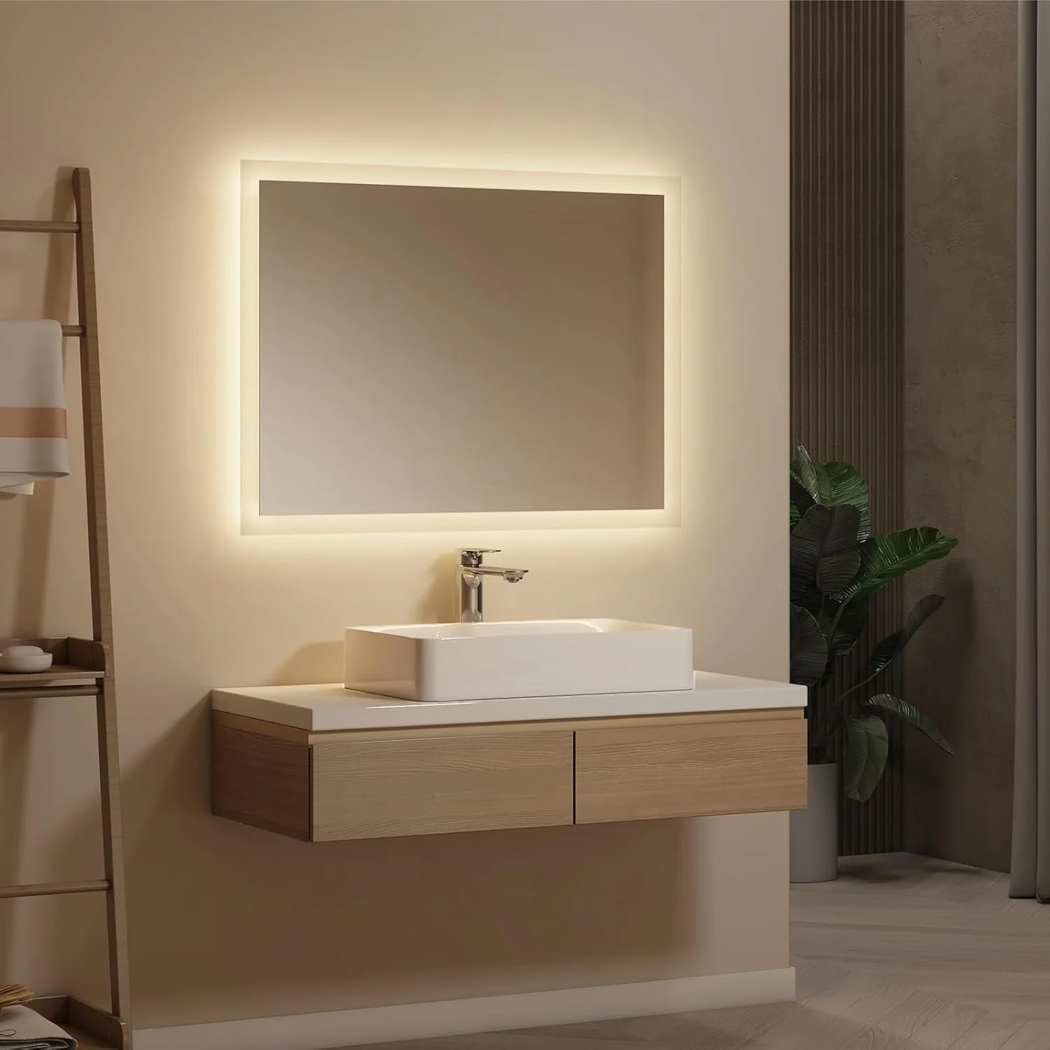 آینه حمام EMKE® با چراغ های LED ابعاد 80x60 سانتی متر با نور سفید گرم 3000K، نصب دیواری عمودی یا افقی، استاندارد IP44 و صرفه جویی در انرژی، آینه روشویی با نور پس زمینه