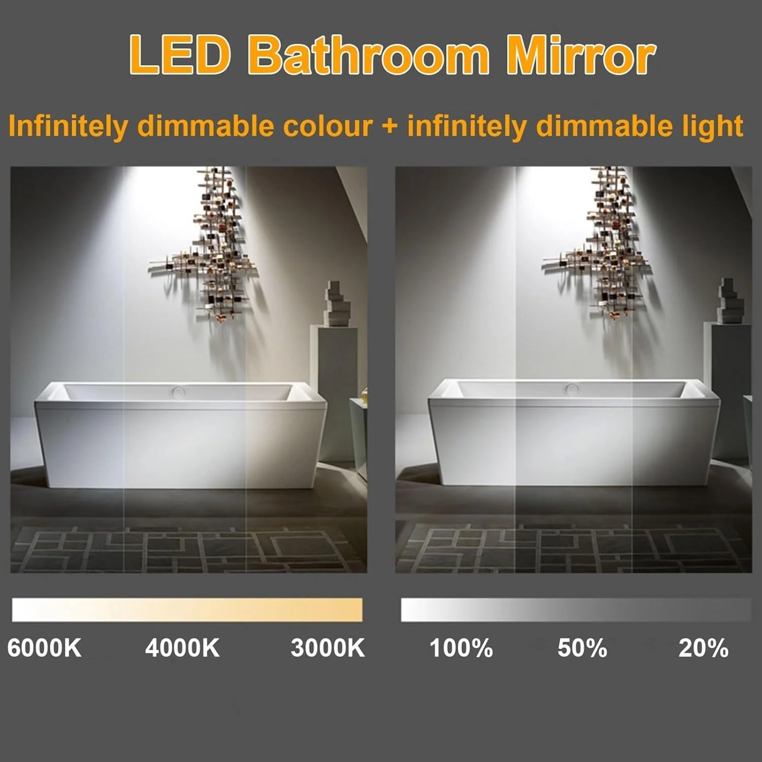 آینه حمام LED با نور پس زمینه، آینه دیواری نوردار، 500X750mm، 600X900mm، آینه روشویی با نور قابل تنظیم، حافظه، 3 رنگ نور آینه حمام LED با نور پس زمینه، آینه دیواری نوردار، 500X750mm، 600X900mm، آینه روشویی با نور قابل تنظیم، حافظه، 3 رنگ نور