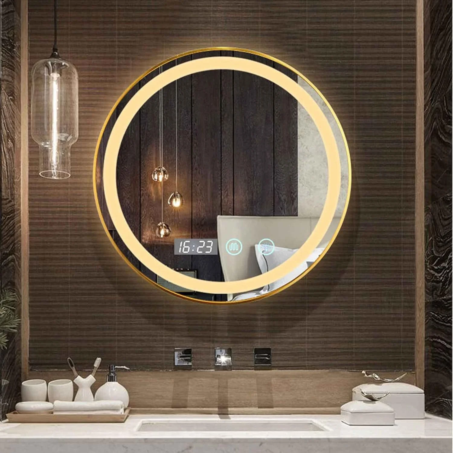 آینه حمام LED با نورهای قابل تنظیم زرد/سفید گرم/طبیعی، ضد بخار با کلید لمسی، روشنایی قابل تنظیم، نمایشگر زمان و دما، قاب طلایی/قاب مشکی آینه حمام LED با نورهای قابل تنظیم زرد/سفید گرم/طبیعی، ضد بخار با کلید لمسی، روشنایی قابل تنظیم، نمایشگر زمان و دما، قاب طلایی/قاب مشکی