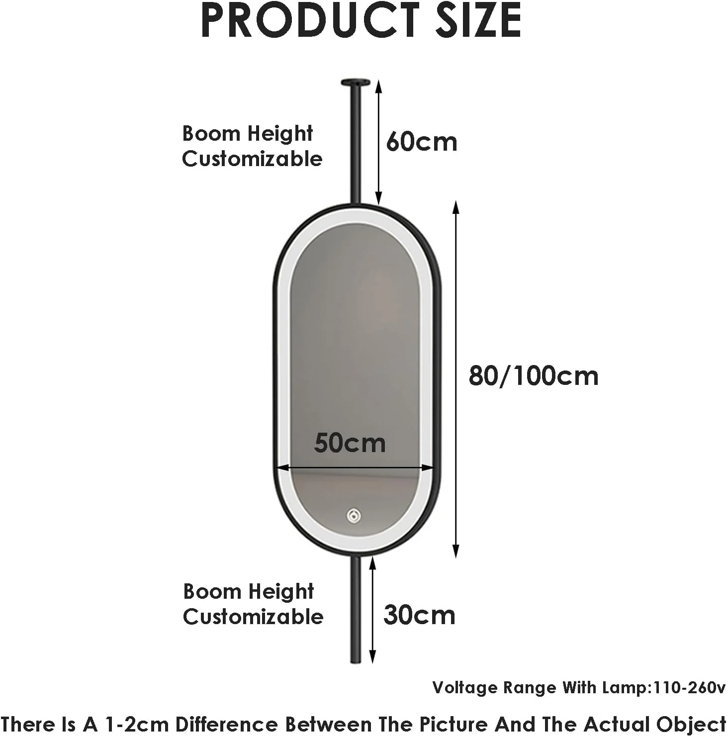 آینه آویز سقفی، آینه حمام ال ای دی، آینه فلزی بیضی شکل سقفی، روشنایی قابل تنظیم، برای ورودی، کمد لباس و دکوراسیون منزل (بازوی قابل تنظیم) (سفید، 50x80 سانتی متر)