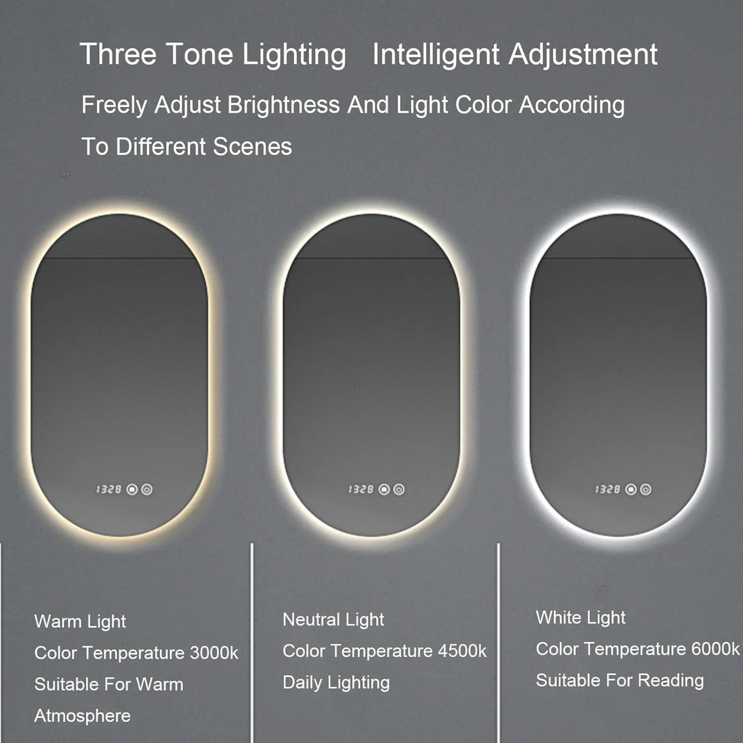 آینه بیضی ال ای دی حمام، آینه روشویی دیواری با نور قابل تنظیم 3000K/4000K/6000K، دکمه لمسی هوشمند ضد بخار، آینه آرایش با نور کم نور شونده (رنگ: A، اندازه: 60 * 90 سانتی متر) (C 3