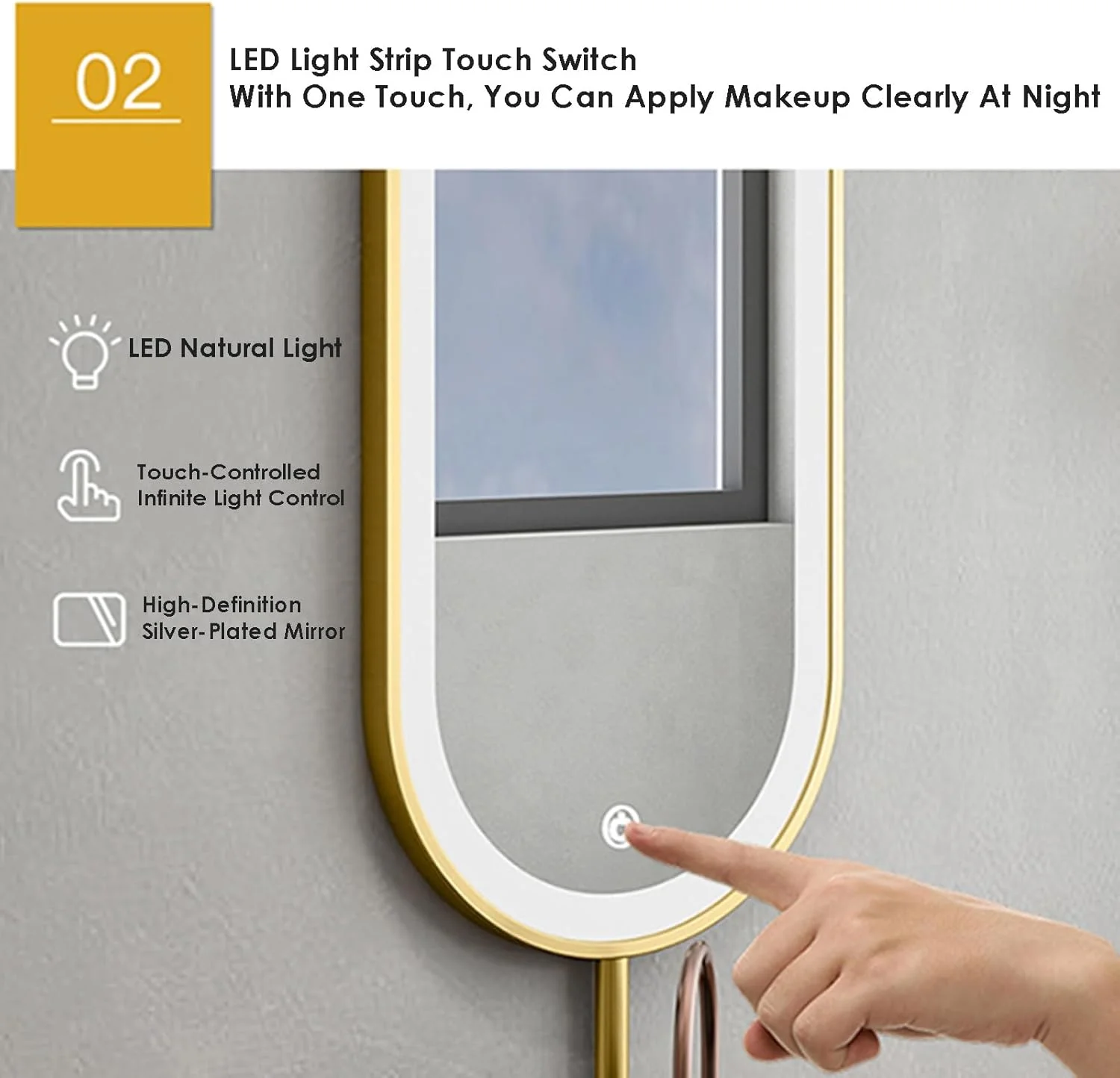 آینه آویز سقفی، آینه حمام ال ای دی، آینه فلزی بیضی شکل سقفی، روشنایی قابل تنظیم، برای ورودی، کمد لباس و دکوراسیون منزل (بازوی قابل تنظیم) (سفید، 50x80 سانتی متر)