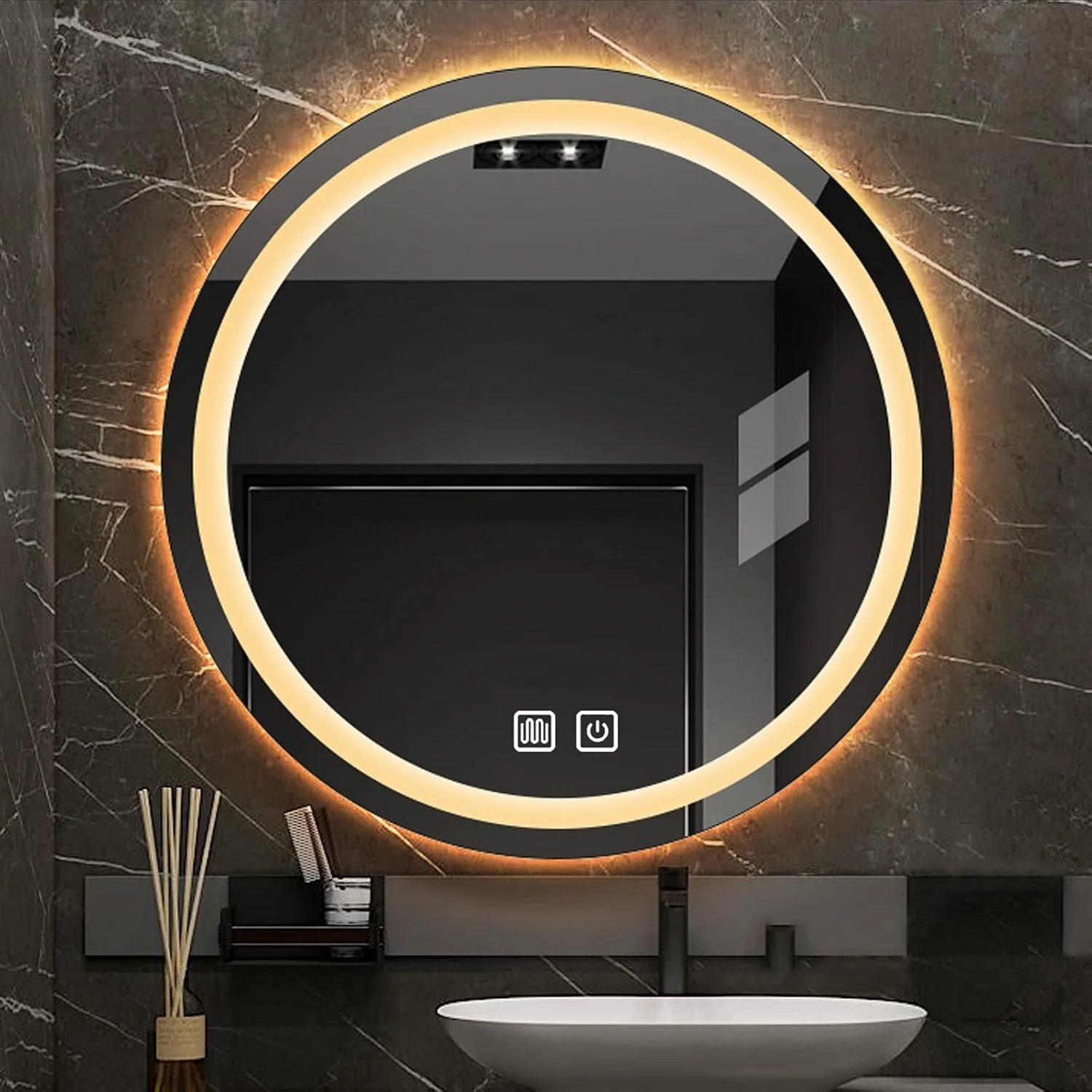 آینه گرد LED برای حمام، آینه روشویی مدرن، 3 رنگ قابل تنظیم، بدون قاب، ضد بخار + حسگر لمسی، قطر 50/60/70/80 سانتی متر، 3000-6000K، دایره ای دیمر پذیر، 80×80 سانتی متر