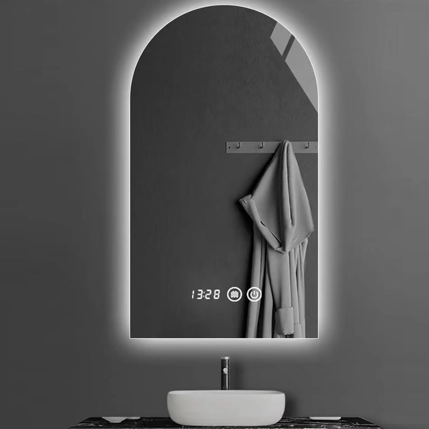 آینه قوسی حمام با چراغ، آینه هوشمند حمام LED با صفحه لمسی، نور سه رنگ قابل تنظیم، عملکرد ضد بخار لمسی، مناسب برای حمام، اتاق پرو (50*80 سانتی متر)