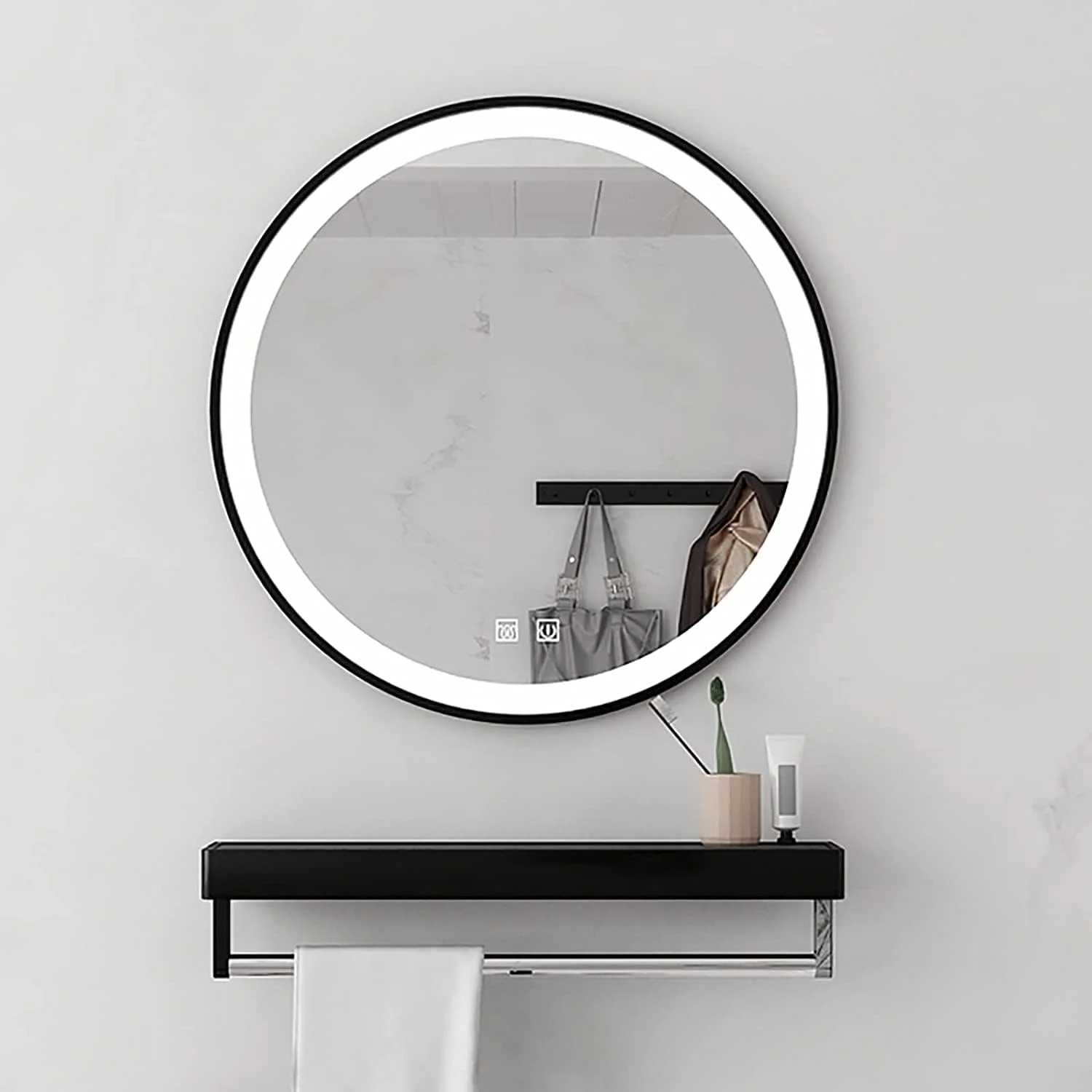 آینه گرد حمام با چراغ، حسگر لمسی، نور ال ای دی سفید سرد، آینه دیواری روشن با قاب آلیاژ آلومینیوم و شلف، ضد گرد و غبار و ضد آب IP44 (قاب مشکی + ضد بخار) دو برابر راحتی