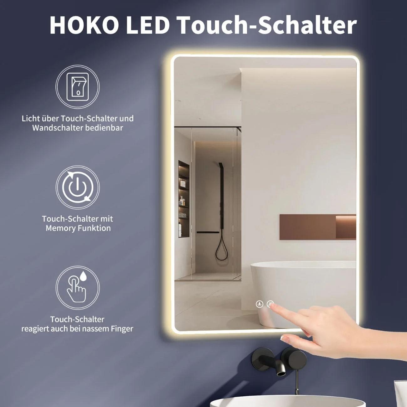 آینه حمام ال ای دی هوکو مدل Kansas، ابعاد 50x70 سانتی متر / 70x50 سانتی متر با قاب آلومینیومی سفید ضد بخار، نصب افقی و عمودی، کلید لمسی، عملکرد حافظه، تغییر نور 2700-6500 کلوین، سفید گرم و سفید سرد