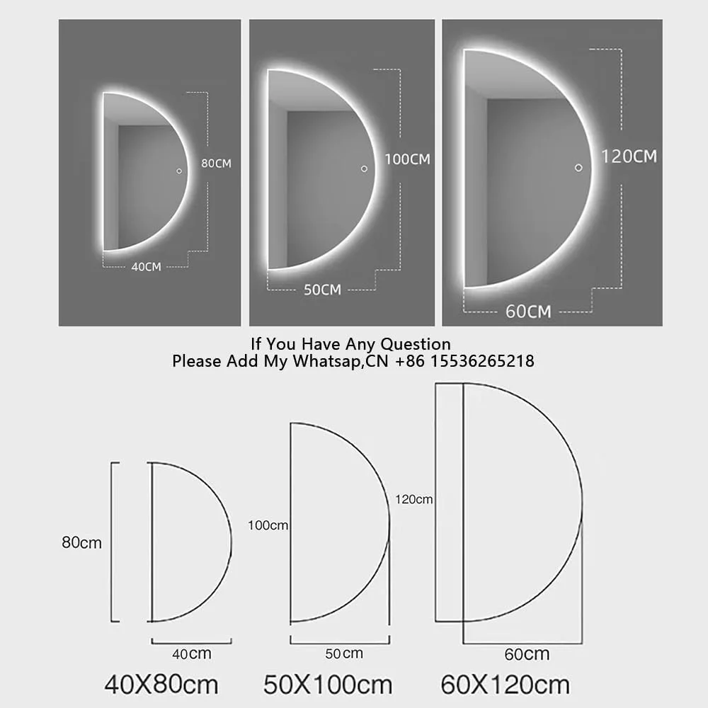 آینه هوشمند ال ای دی حمام، آینه روشویی نیمه ماه با ضد بخار، نورپردازی سه رنگ قابل تنظیم، آینه نوردار - کلید لمسی، دکوراسیون منزل (برش چپ 60 * 120 سانتی متر / 48 * 24 اینچ)