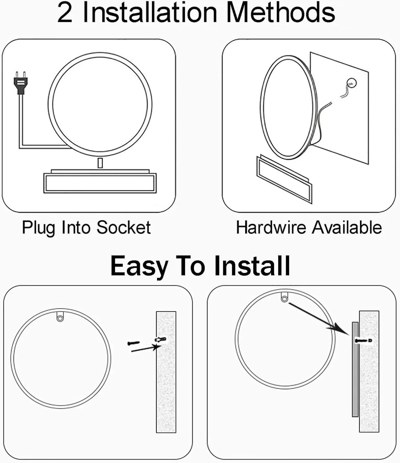 آینه گرد حمام با چراغ، حسگر لمسی، نور ال ای دی سفید سرد، آینه دیواری روشن با قاب آلیاژ آلومینیوم و شلف، ضد گرد و غبار و ضد آب IP44 (قاب مشکی + ضد بخار) دو برابر راحتی