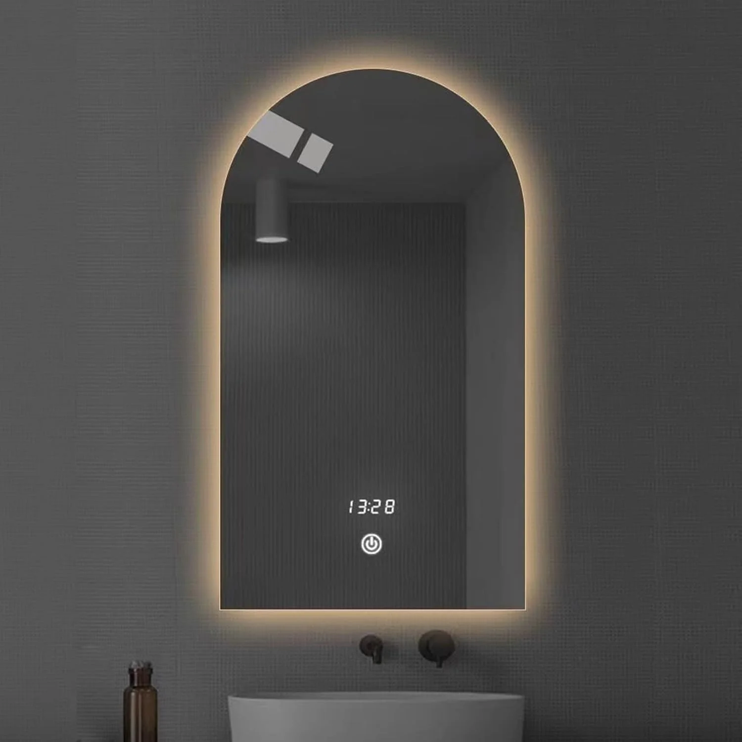 آینه قوسی حمام با چراغ، آینه هوشمند حمام LED با صفحه لمسی، نور سه رنگ قابل تنظیم، عملکرد ضد بخار لمسی، مناسب برای حمام، اتاق پرو (50*80 سانتی متر)