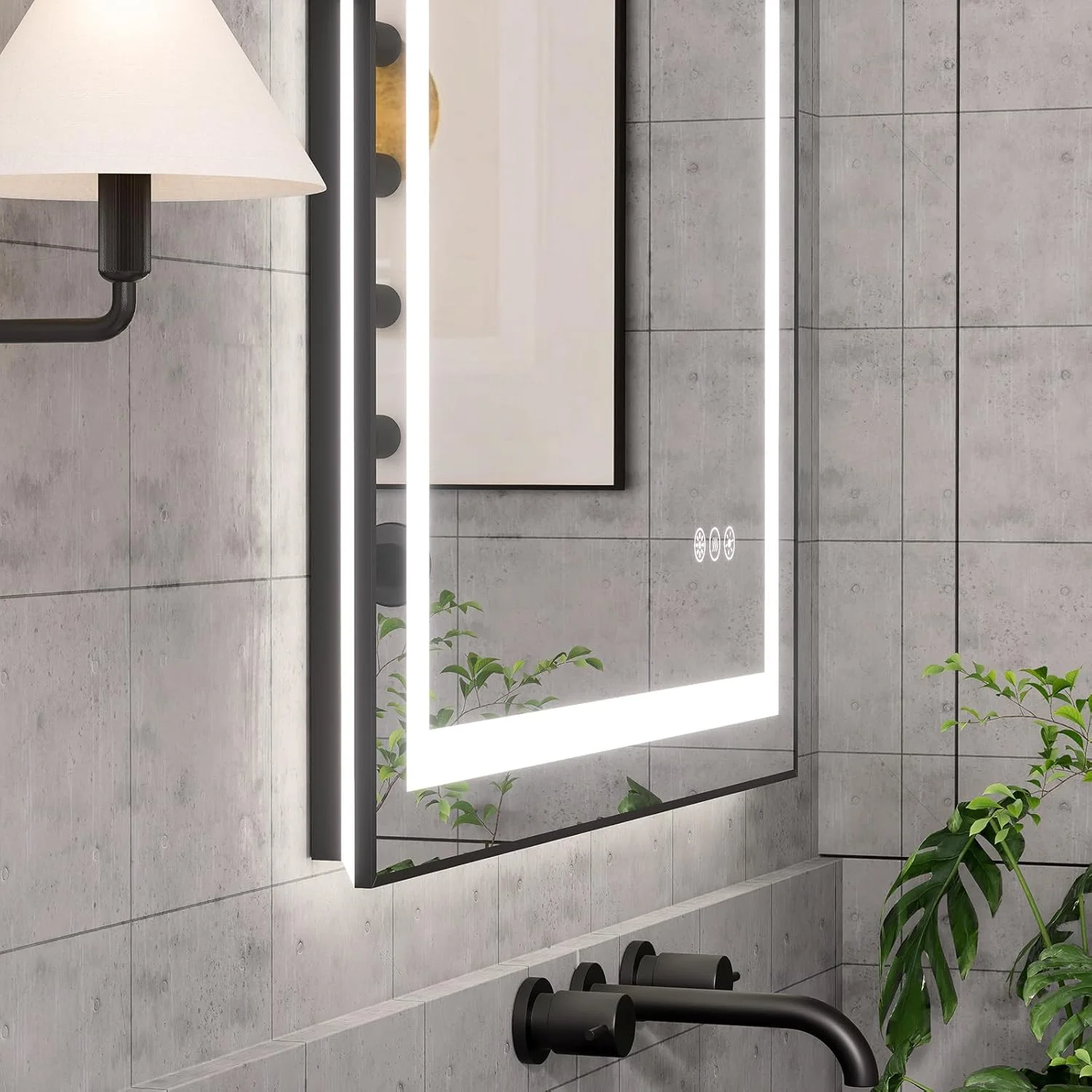 آینه ال ای دی مشکی 28x36 برای حمام با نور جلو و نور پس زمینه، آینه های روشن برای دیوار، 3 رنگ، کم نور شونده پیوسته، ضد بخار، آینه قاب آلومینیومی مشکی مات با نور