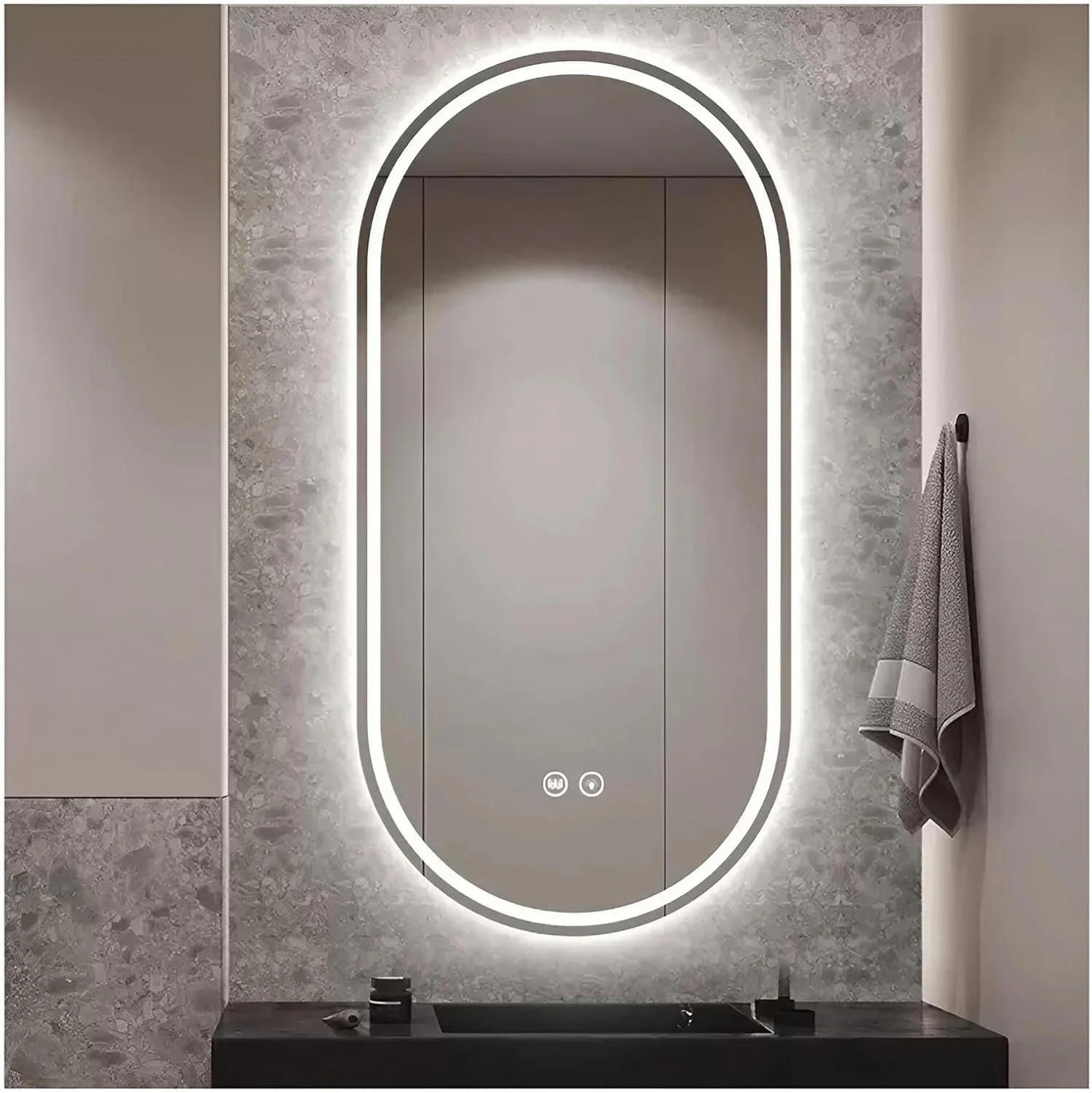 آینه بیضی ال ای دی حمام، آینه آرایشی ضد بخار دیواری 40 در 80 سانتی متر، 3 رنگ قابل تنظیم با حسگر لمسی عمودی