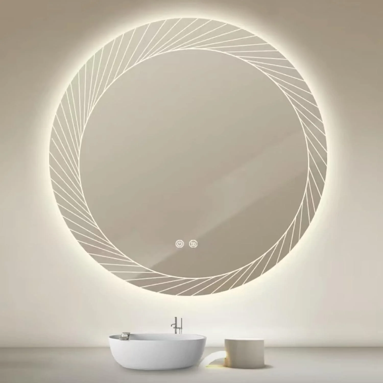 آینه حمام ال ای دی با نور، ضد بخار، دیمر دار، آینه گرد بدون قاب دیواری با 3 رنگ نور، آینه های تزئینی، آینه آرایش با کلید لمسی