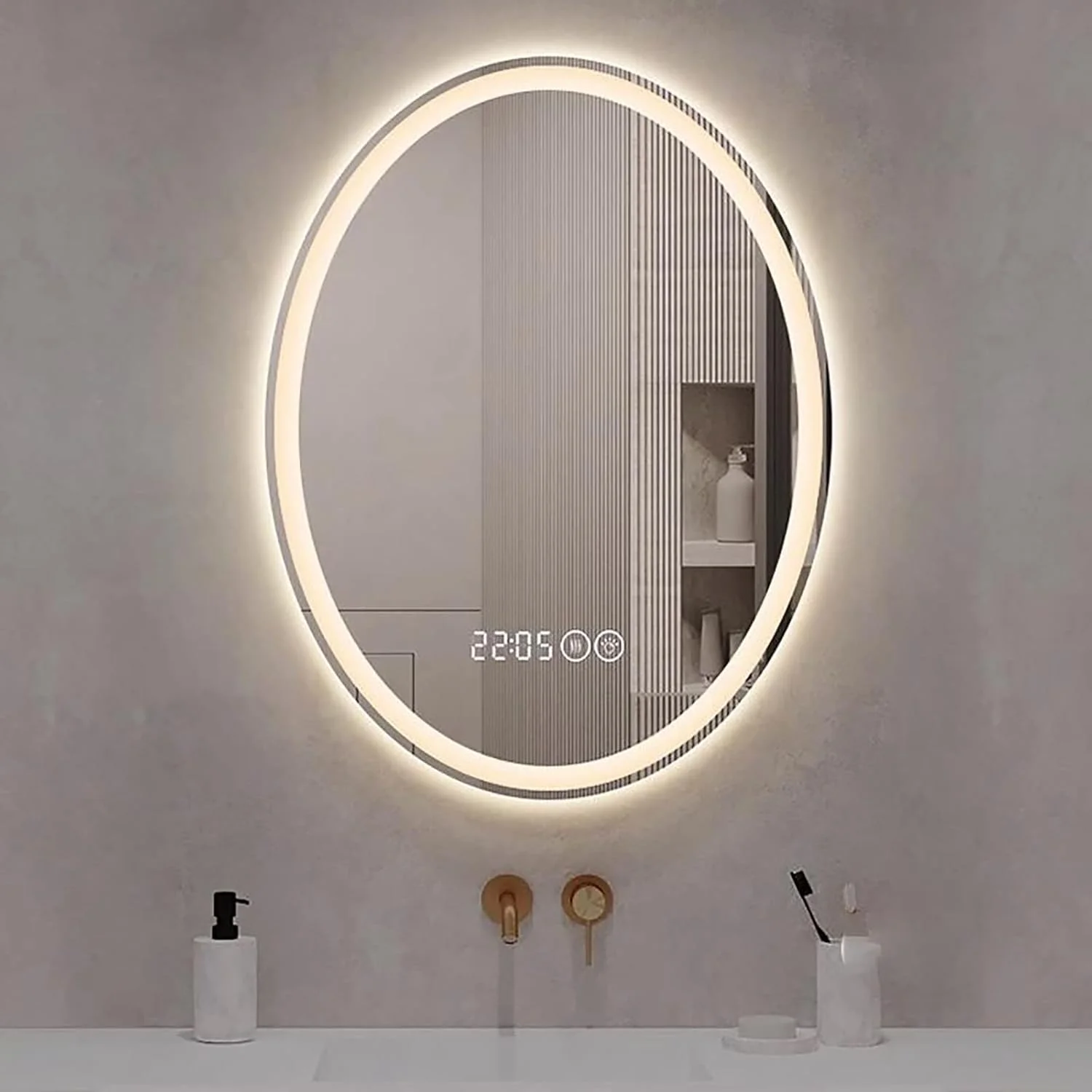 آینه حمام LED با نور پس زمینه بیضی شکل، ضد بخار، 3 رنگ نور، قابل تنظیم، نصب دیواری، آینه روشویی حمام بدون قاب، ضد خرد شدن، کنترل لمسی، آینه آرایش هوشمند، نور سه رنگ - 70 * 90 سانتی متر