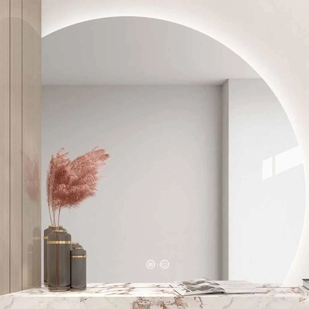 آینه حمام 90 سانتی متری ضد بخار، آینه روشویی ال ای دی دیمر پذیر 80 سانتی متری با نور سفید/طبیعی/گرم، آینه دیواری نیمه ماه 100 سانتی متری، آینه نور پس زمینه تزئینی 70 سانتی متری برای ورودی اتاق خواب هتل (50 سانتی متر، برش زیرین سمت چپ) (سمت چپ Und