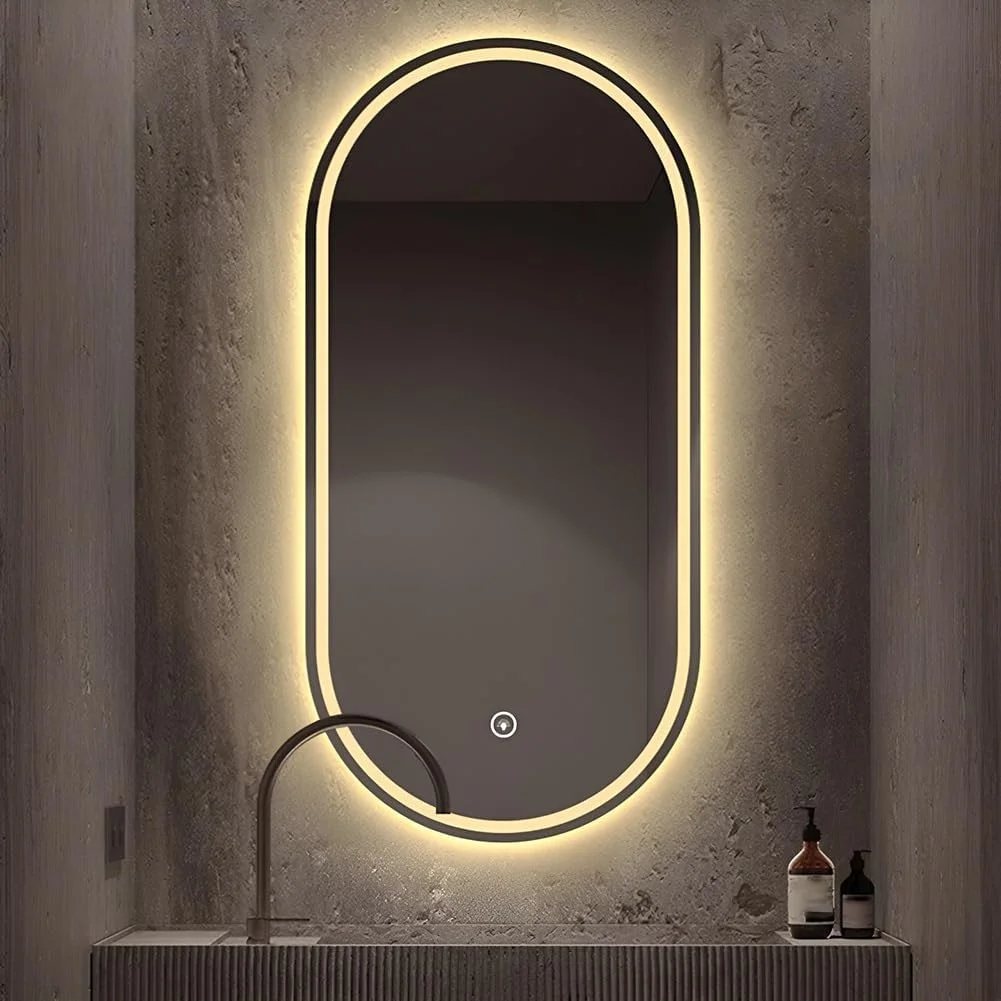 آینه بیضی ال ای دی حمام، آینه آرایشی ضد بخار دیواری 40 در 80 سانتی متر، 3 رنگ قابل تنظیم با حسگر لمسی عمودی