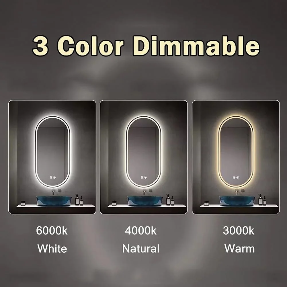 آینه بیضی ال ای دی حمام، آینه آرایشی ضد بخار دیواری 40 در 80 سانتی متر، 3 رنگ قابل تنظیم با حسگر لمسی عمودی