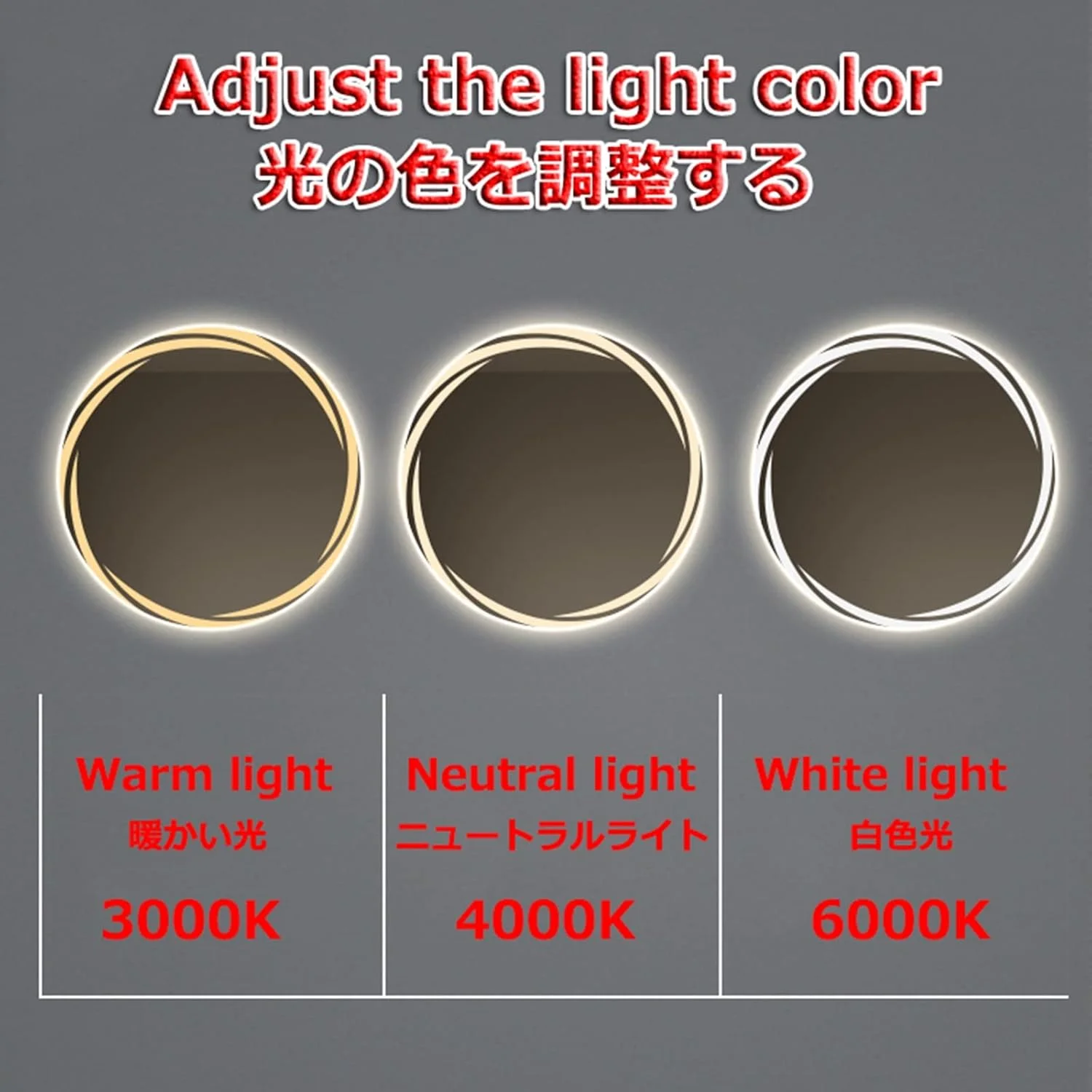 آینه حمام ال ای دی با نور، ضد بخار، دیمر دار، آینه گرد بدون قاب دیواری با 3 رنگ نور، آینه های تزئینی، آینه آرایش با کلید لمسی