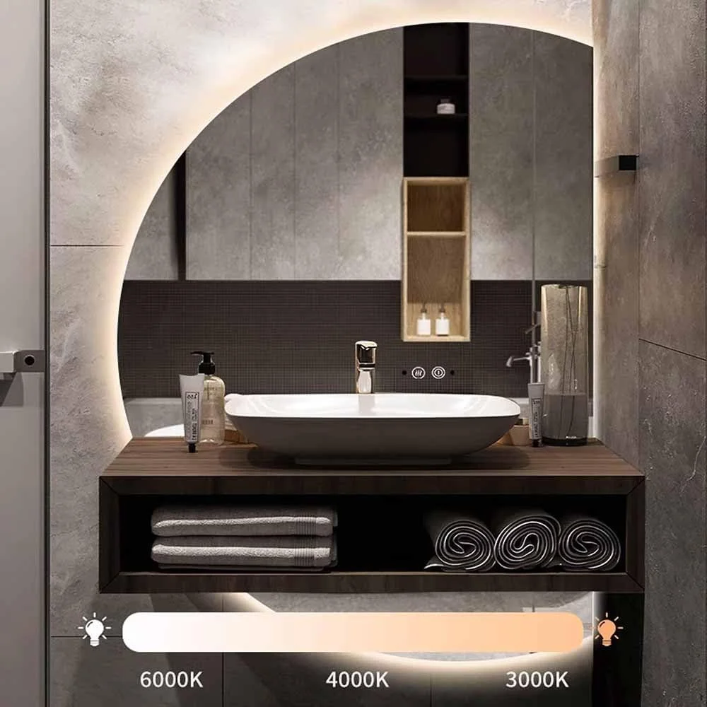 آینه هوشمند ال ای دی حمام، آینه دیواری نیمه ماه کامل با ضد بخار، 3 رنگ نور، آینه روشویی بدون قاب و دیمر برای ورودی اتاق نشیمن (چپ 7