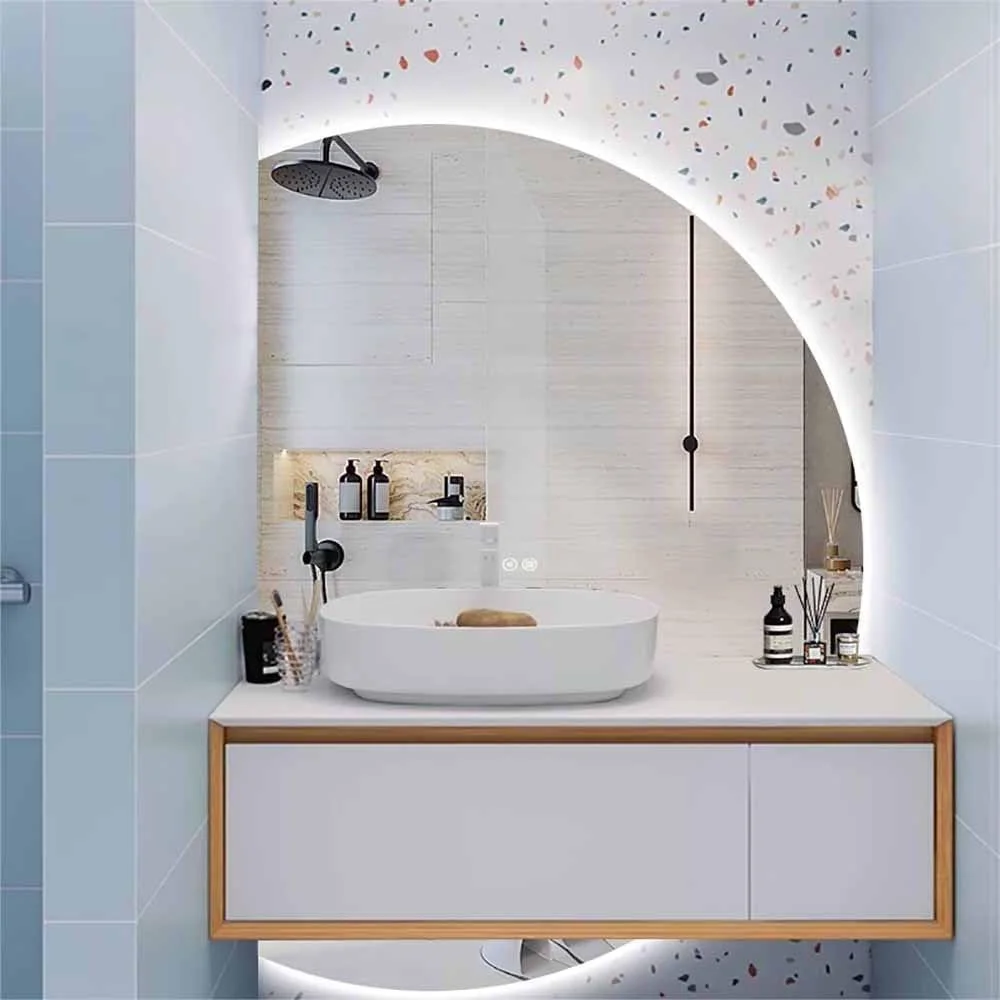 آینه حمام با قابلیت تنظیم نور و ضد بخار، آینه قدی ال ای دی مناسب ورودی، آینه دیواری نیمه ماه، آینه دیواری بدون قاب و ضد شکست، 3 رنگ نور (راست 120cm/47 اینچ)