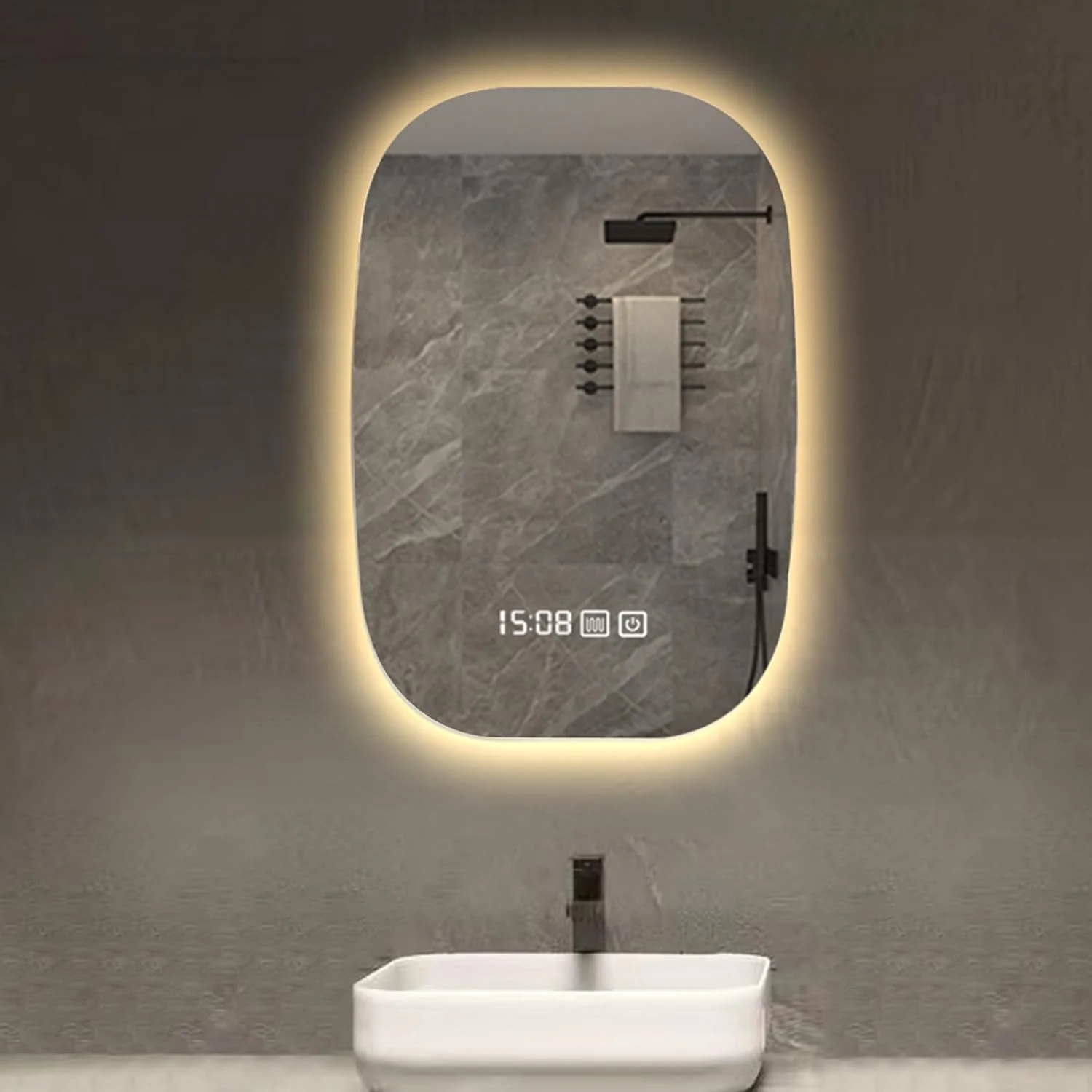 آینه حمام ال ای دی با چراغ، آینه دیواری ضد بخار، بدون قاب نصب شده روی دیوار، آینه روشن با 3 رنگ، قابل تنظیم گرم/طبیعی/سفید، آینه دیواری ضد بخار (نور سه رنگ، 60*100 سانتی متر)