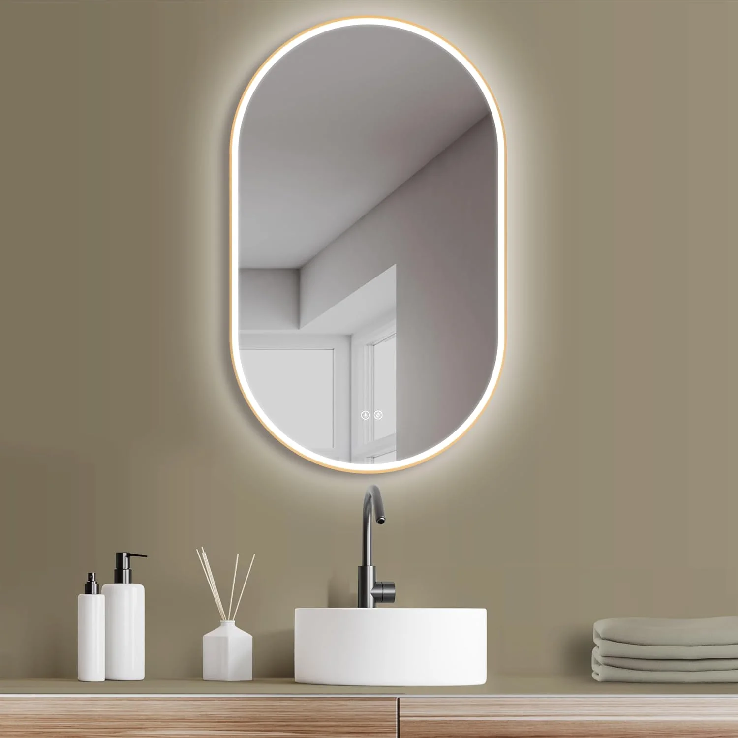 آینه حمام هوکو مدل آرونا بیضی ضد بخار 60x100 سانتی متر / 100x60 سانتی متر + قاب فلزی طلایی + نصب افقی + آینه بزرگ حمام + ال ای دی کم مصرف + کلید لمسی + تغییر نور گرم