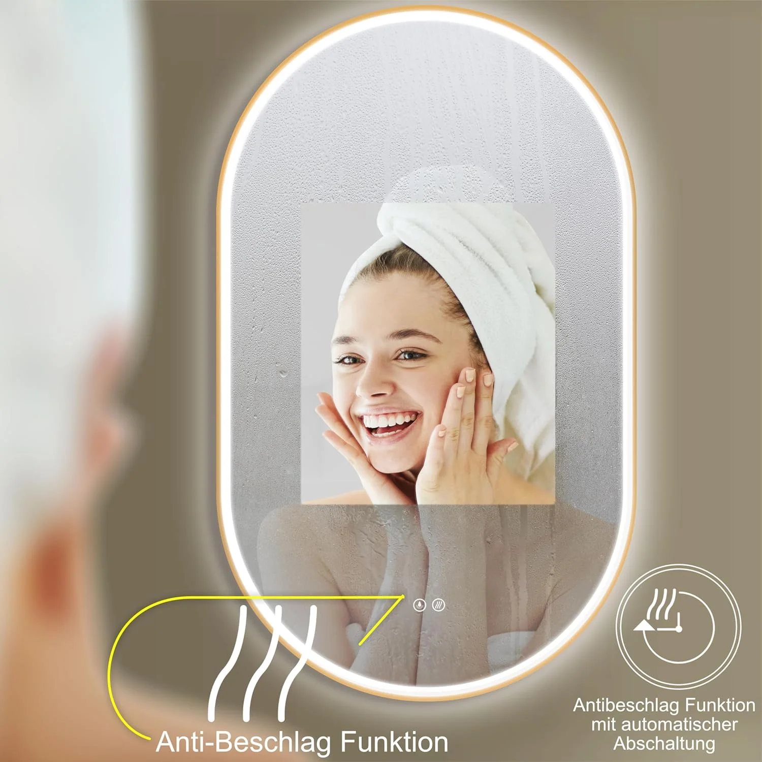 آینه حمام هوکو مدل آرونا بیضی ضد بخار 60x100 سانتی متر / 100x60 سانتی متر + قاب فلزی طلایی + نصب افقی + آینه بزرگ حمام + ال ای دی کم مصرف + کلید لمسی + تغییر نور گرم