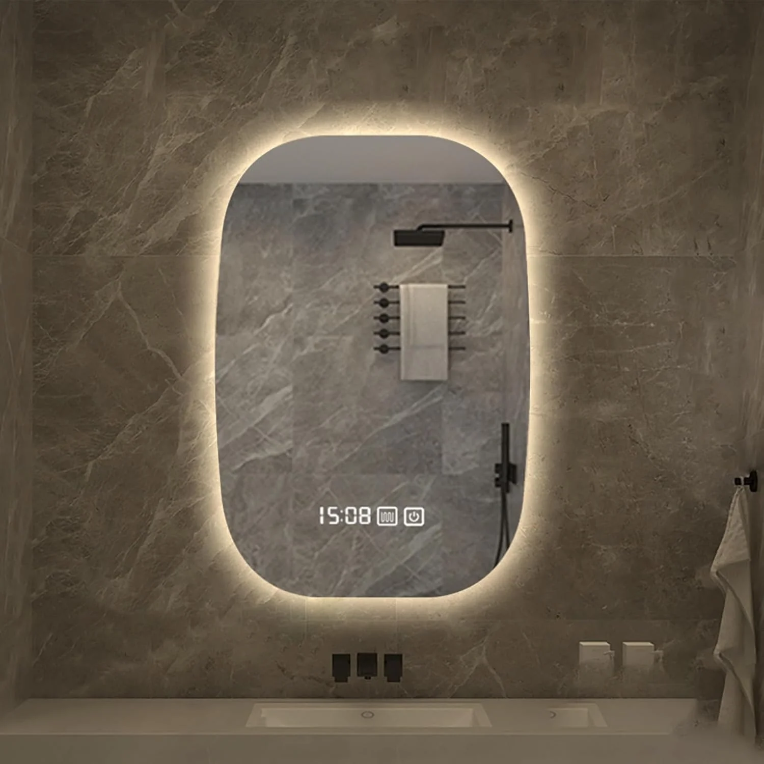 آینه حمام ال ای دی با چراغ، آینه دیواری ضد بخار، بدون قاب نصب شده روی دیوار، آینه روشن با 3 رنگ، قابل تنظیم گرم/طبیعی/سفید، آینه دیواری ضد بخار (نور سه رنگ، 60*100 سانتی متر)