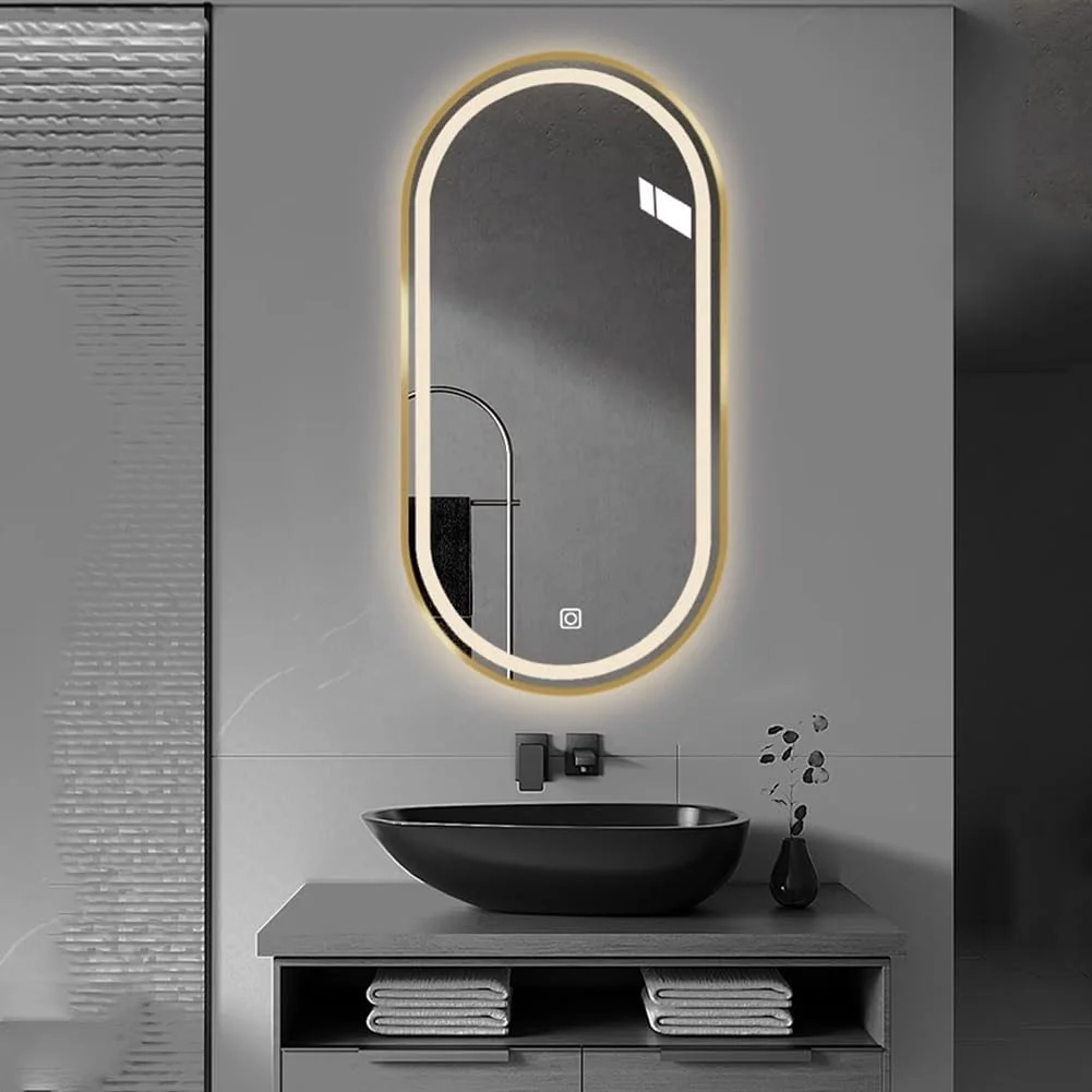 آینه حمام ال ای دی 50 در 80 سانتی متر، آینه روشویی دیواری ضد بخار و نورپردازی شده، آینه چراغ دار با حسگر لمسی و 3 رنگ قابل تنظیم، عمودی