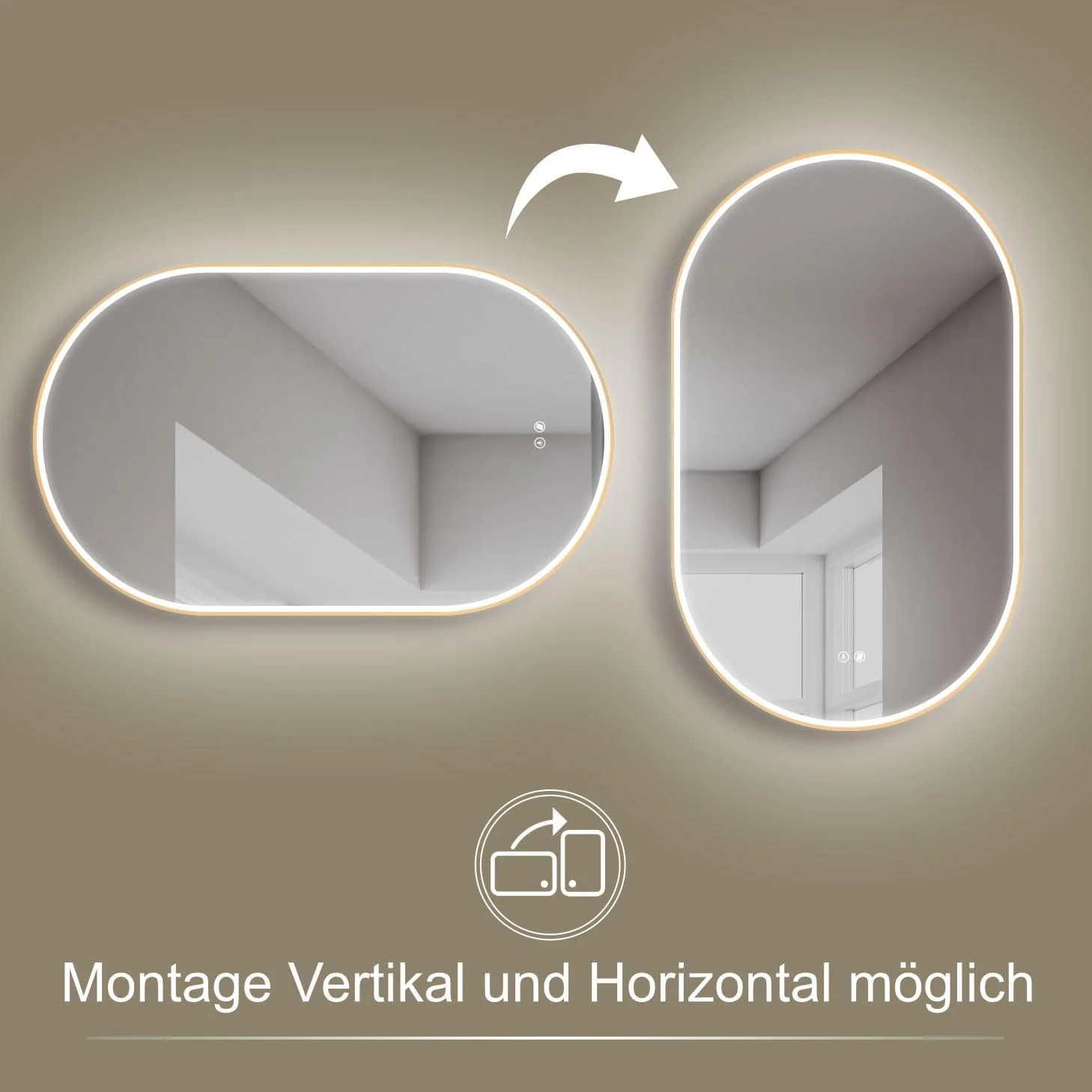 آینه حمام هوکو مدل آرونا بیضی ضد بخار 60x100 سانتی متر / 100x60 سانتی متر + قاب فلزی طلایی + نصب افقی + آینه بزرگ حمام + ال ای دی کم مصرف + کلید لمسی + تغییر نور گرم