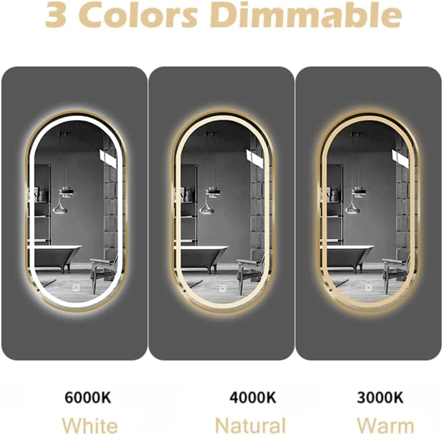 آینه حمام ال ای دی 50 در 80 سانتی متر، آینه روشویی دیواری ضد بخار و نورپردازی شده، آینه چراغ دار با حسگر لمسی و 3 رنگ قابل تنظیم، عمودی