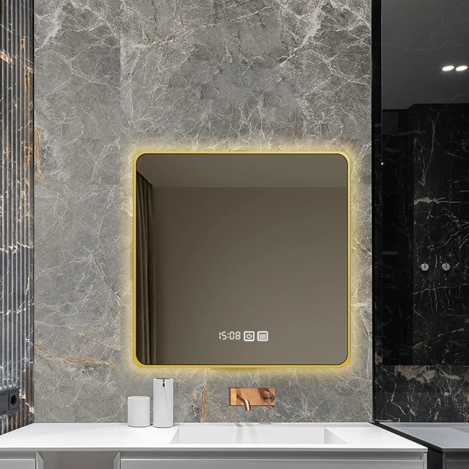 آینه حمام با نور، 28 * 28 اینچ، قاب فلزی طلایی لمسی هوشمند، آینه LED دیواری حمام، ضد بخار، با قابلیت تنظیم نور بی نهایت، مناسب برای حمام، دکوراسیون منزل (نور گرم، 31.5 اینچ)