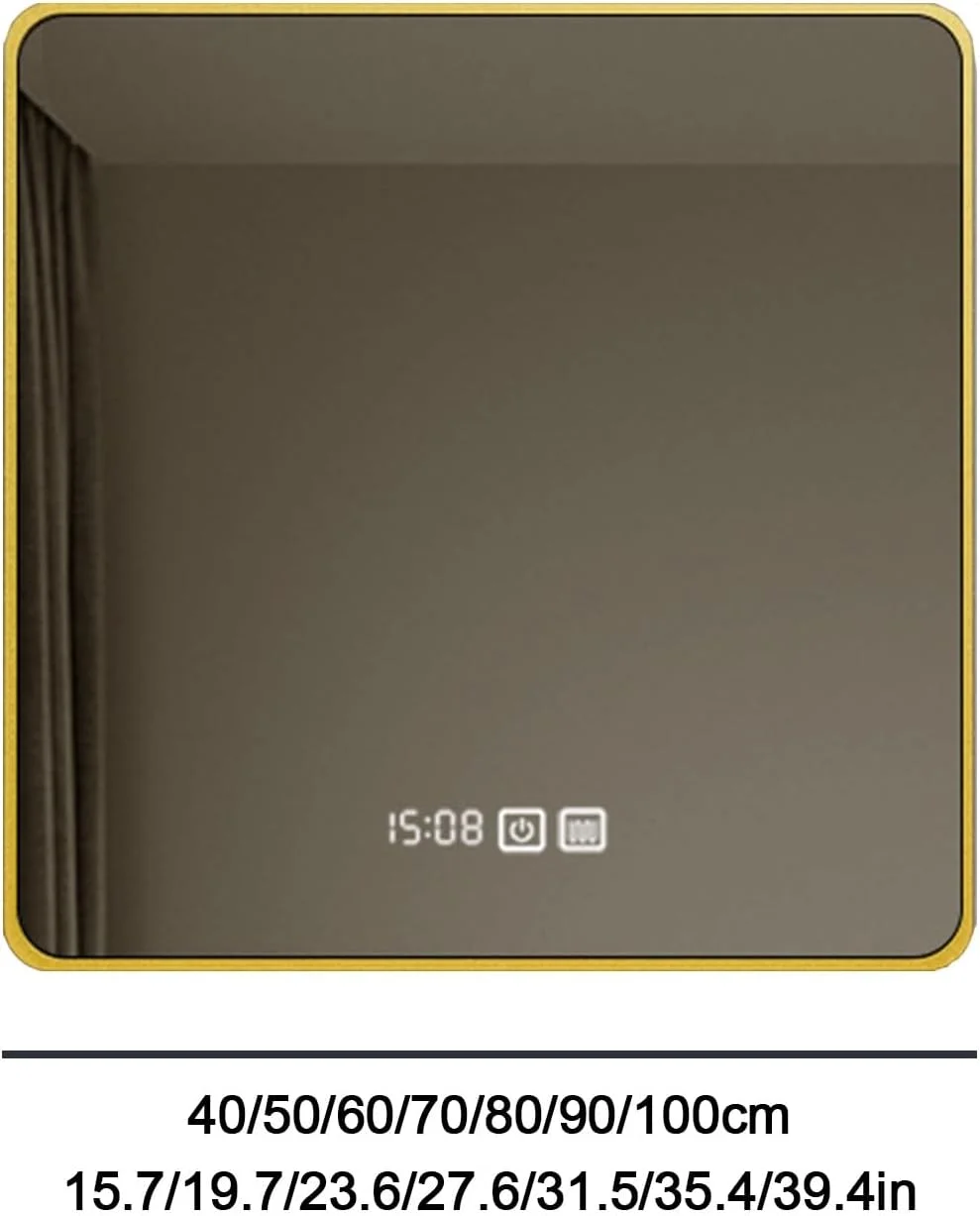 آینه حمام با نور، 28 * 28 اینچ، قاب فلزی طلایی لمسی هوشمند، آینه LED دیواری حمام، ضد بخار، با قابلیت تنظیم نور بی نهایت، مناسب برای حمام، دکوراسیون منزل (نور گرم، 31.5 اینچ)