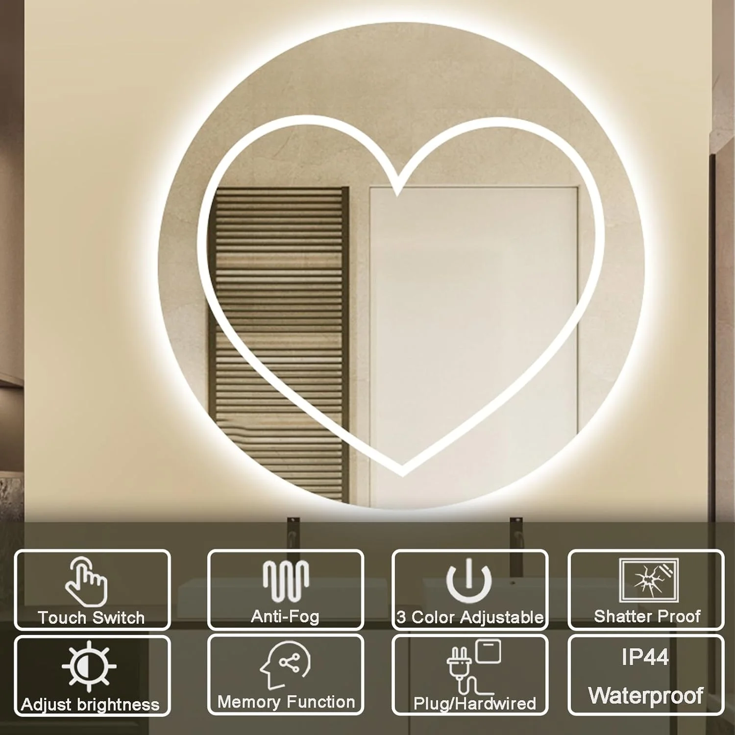 آینه حمام هوشمند LED ضد بخار 70x70 سانتی‌متر، آینه نورانی با چراغ برای دکوراسیون هتل و بار، 3 رنگ قابل تنظیم، آینه نور پس‌زمینه دیواری با عملکرد حافظه، هوشمند