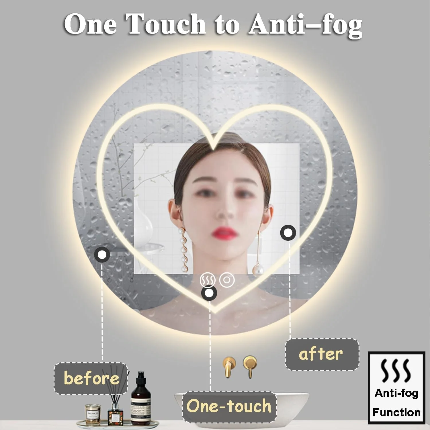 آینه حمام هوشمند LED ضد بخار 70x70 سانتی‌متر، آینه نورانی با چراغ برای دکوراسیون هتل و بار، 3 رنگ قابل تنظیم، آینه نور پس‌زمینه دیواری با عملکرد حافظه، هوشمند