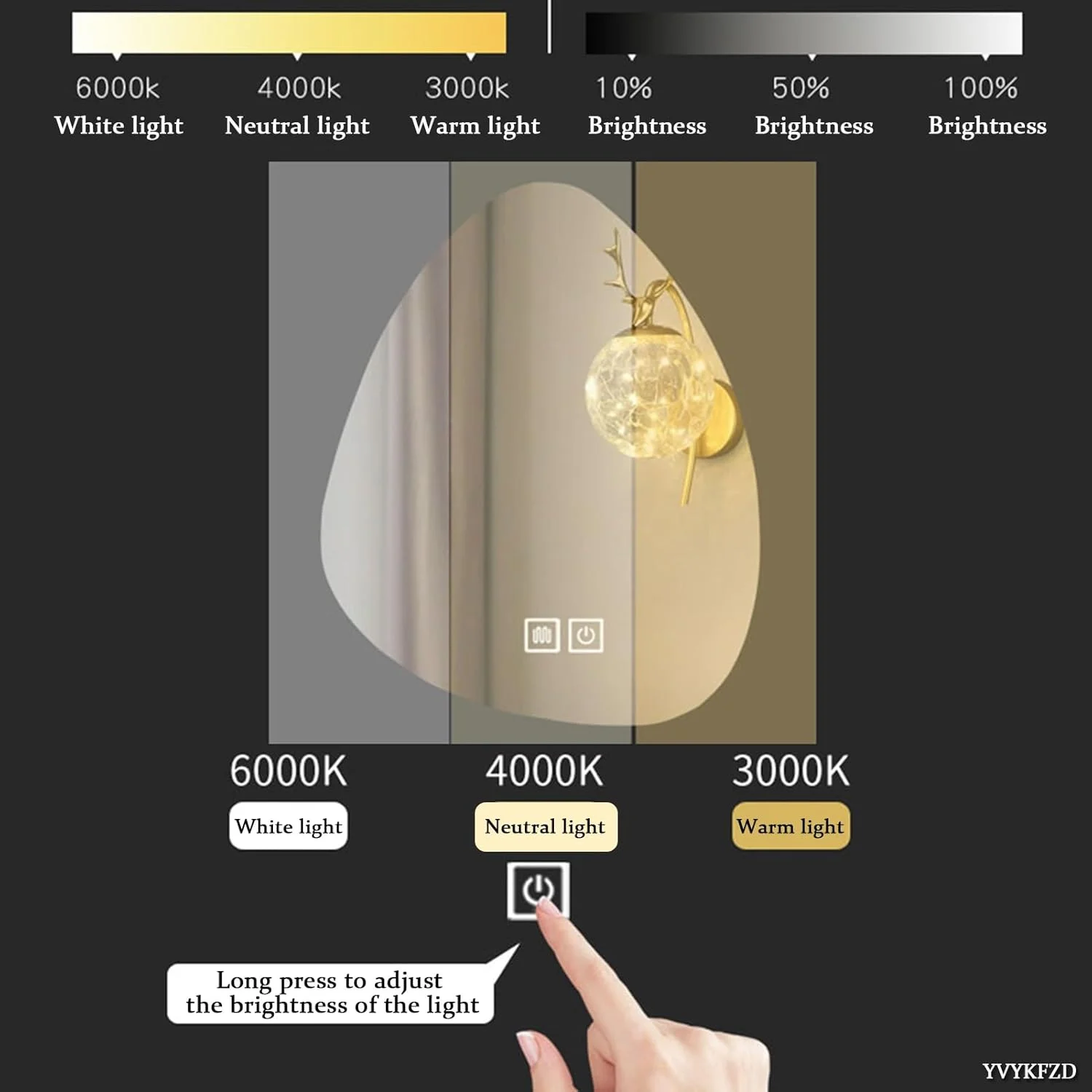 آینه حمام LED با ضد بخار، شکل نامنظم قطره اشکی، آینه دیواری بزرگ آویز - عملکرد کم نور شونده 3 رنگ، آینه روشویی (A 40x60 سانتی متر/15.7x23.6 اینچ)