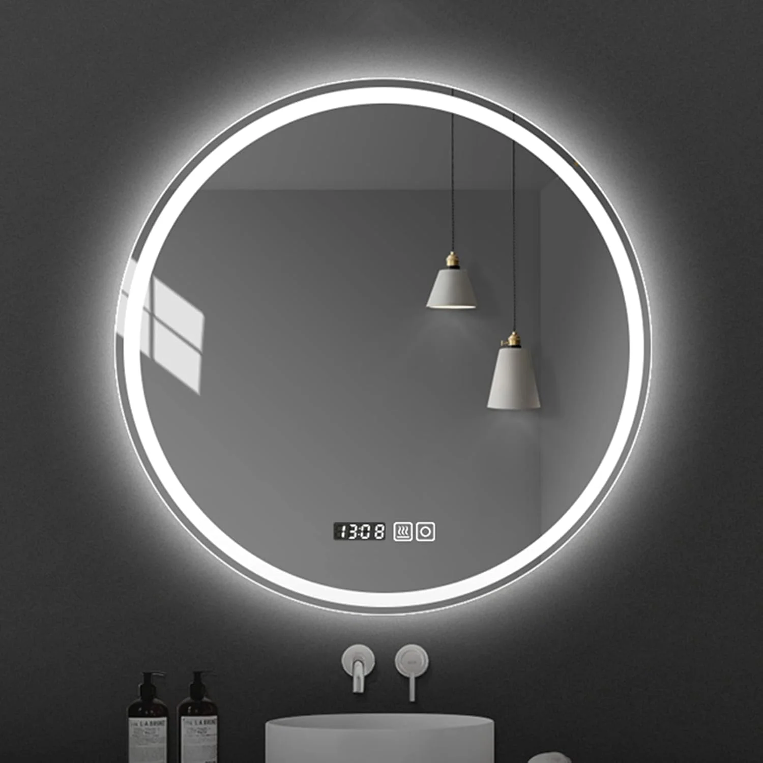 آینه حمام LED، ضد بخار، آینه حمام روشن با دکمه لمسی هوشمند، نور سفید/نور گرم، 50 سانتی متر / 60 سانتی متر / 70 سانتی متر / 80 سانتی متر، آینه آرایش دیواری، زمان، نور سفید - 80 سانتی متر / 31.5 اینچ