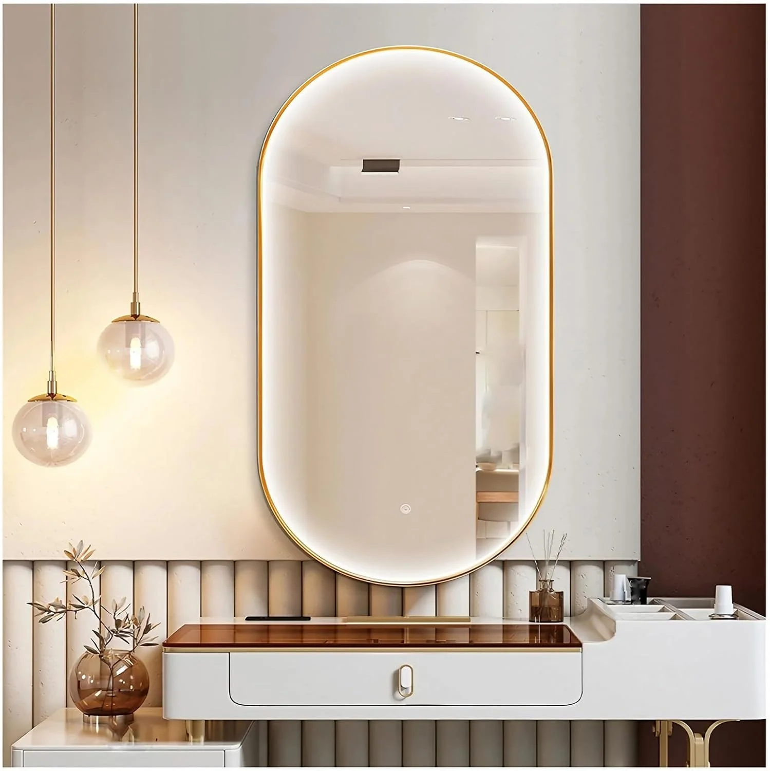 آینه حمام ال ای دی بیضی شکل 50x80 سانتی متر، آینه روشویی دیواری ضد بخار، آینه آرایش با قابلیت تنظیم نور و کلید لمسی با نمایش زمان/دما