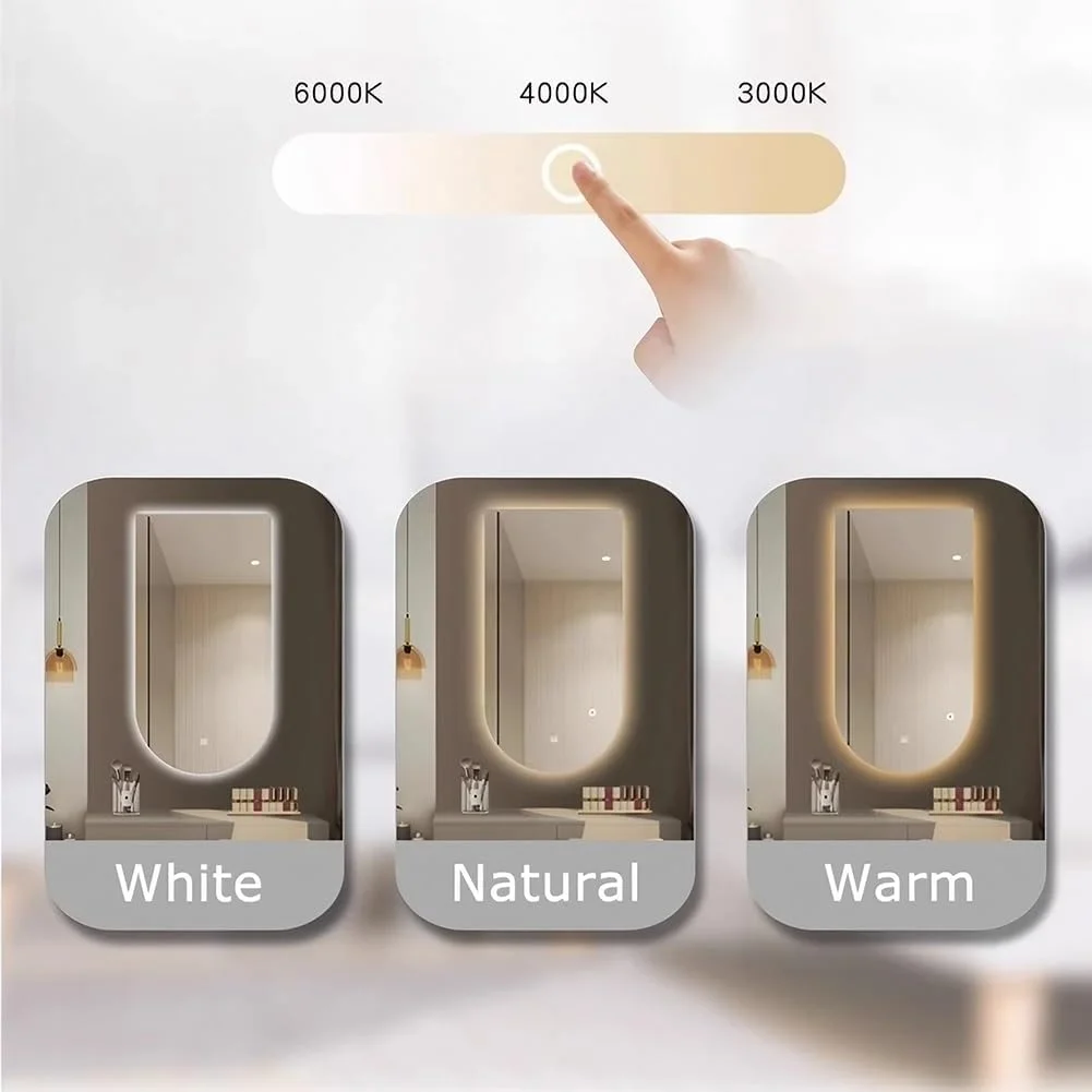 آینه حمام چراغ دار 40x70 سانتی متر، ضد بخار، آینه ال ای دی ضد شکست، 3 رنگ قابل تنظیم با دکمه لمسی، قابل نصب روی دیوار