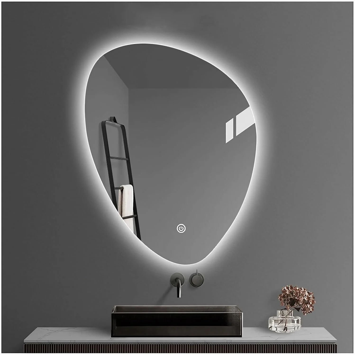 آینه حمام ال ای دی 50 در 70 سانتی متر با ضد بخار، آینه روشویی با قابلیت تنظیم نور پیوسته برای دیوار با دکمه لمسی، آینه آرایشی نامنظم تزئینی مدرن