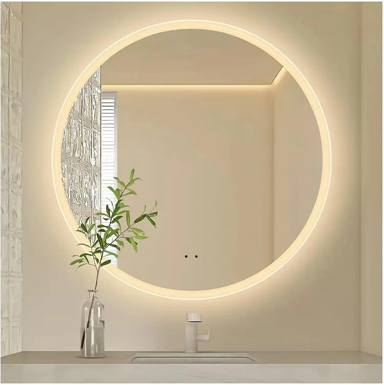 آینه گرد ال ای دی حمام، آینه دیواری ضد بخار 24 اینچی با قابلیت ضد شکستگی، آینه آرایشی با نور قابل تنظیم و حسگرهای لمسی