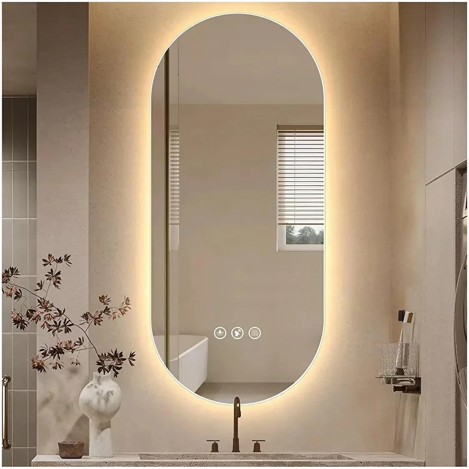 آینه بیضی ال ای دی 50 در 80 سانتی‌متر مناسب حمام، آینه روشویی دیواری با نور ضد بخار و قابلیت تنظیم نور
