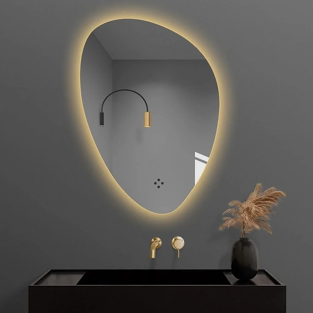 آینه حمام ال ای دی 50 در 70 سانتی متر با ضد بخار، آینه روشویی با قابلیت تنظیم نور پیوسته برای دیوار با دکمه لمسی، آینه آرایشی نامنظم تزئینی مدرن